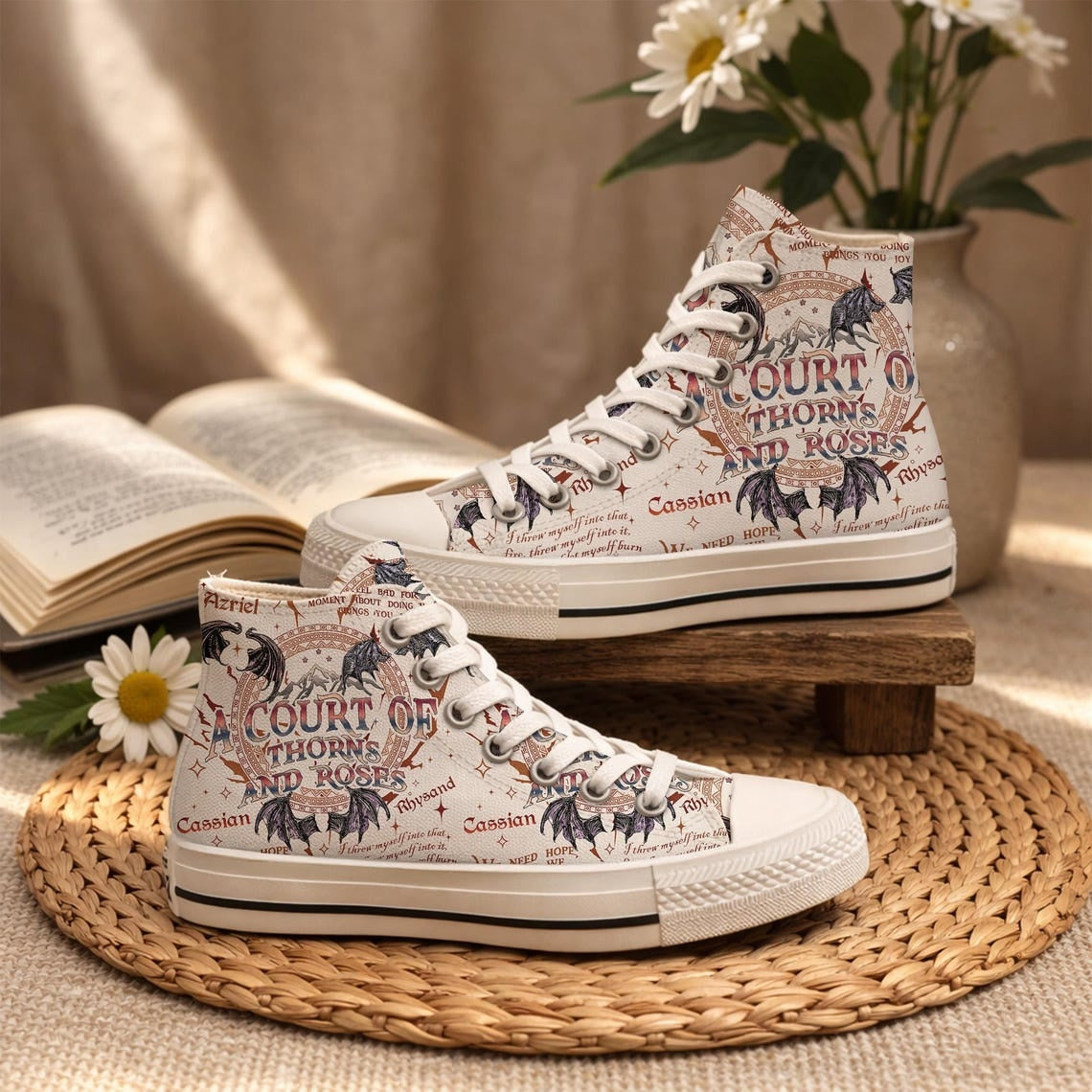 A Court Of Thorns And Roses High Top Shoes, ACOTAR Inspired Floral Canvas Sneakers, Fantasy Book Lover Gift. HSVLR02
