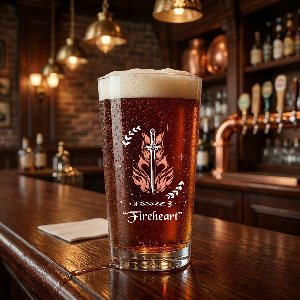 Fireheart Pint Glass, Fantasy Sword Beer Glass, Flame Sword Glass Cup, Throne Of Glass Cup, Book Lover Gift, Fantasy Pub Glass, BGVLR01