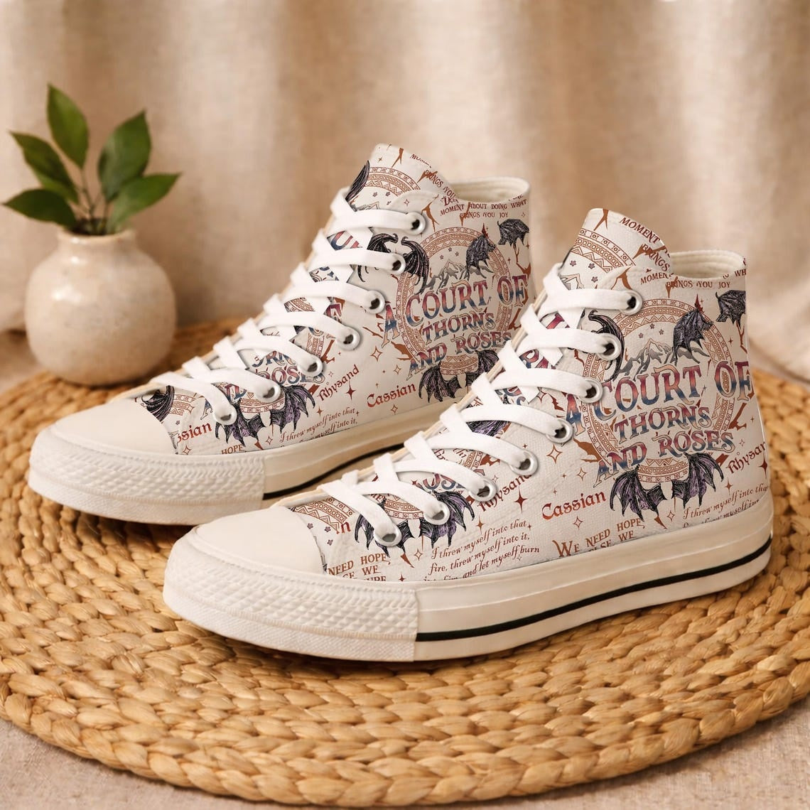 A Court Of Thorns And Roses High Top Shoes, ACOTAR Inspired Floral Canvas Sneakers, Fantasy Book Lover Gift. HSVLR02