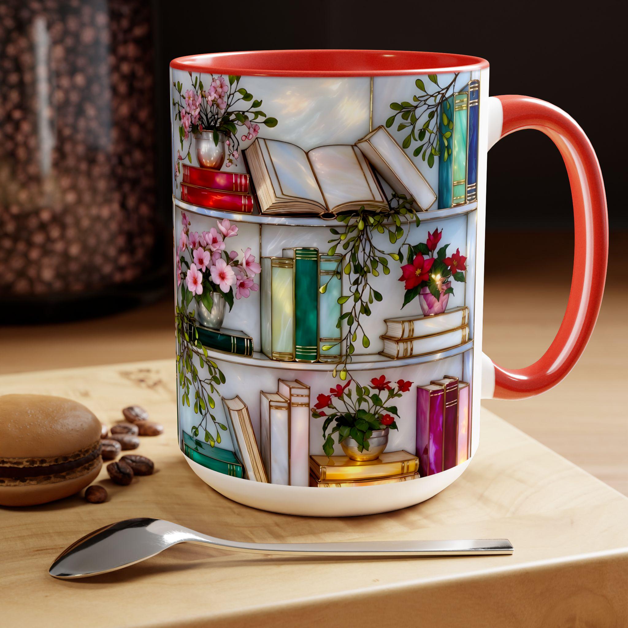 Stained Glass Style Bookshelf Mug, Colorful Floral Book Mug, Book Lover Gift. Elegant Reading Mug MFVLR02