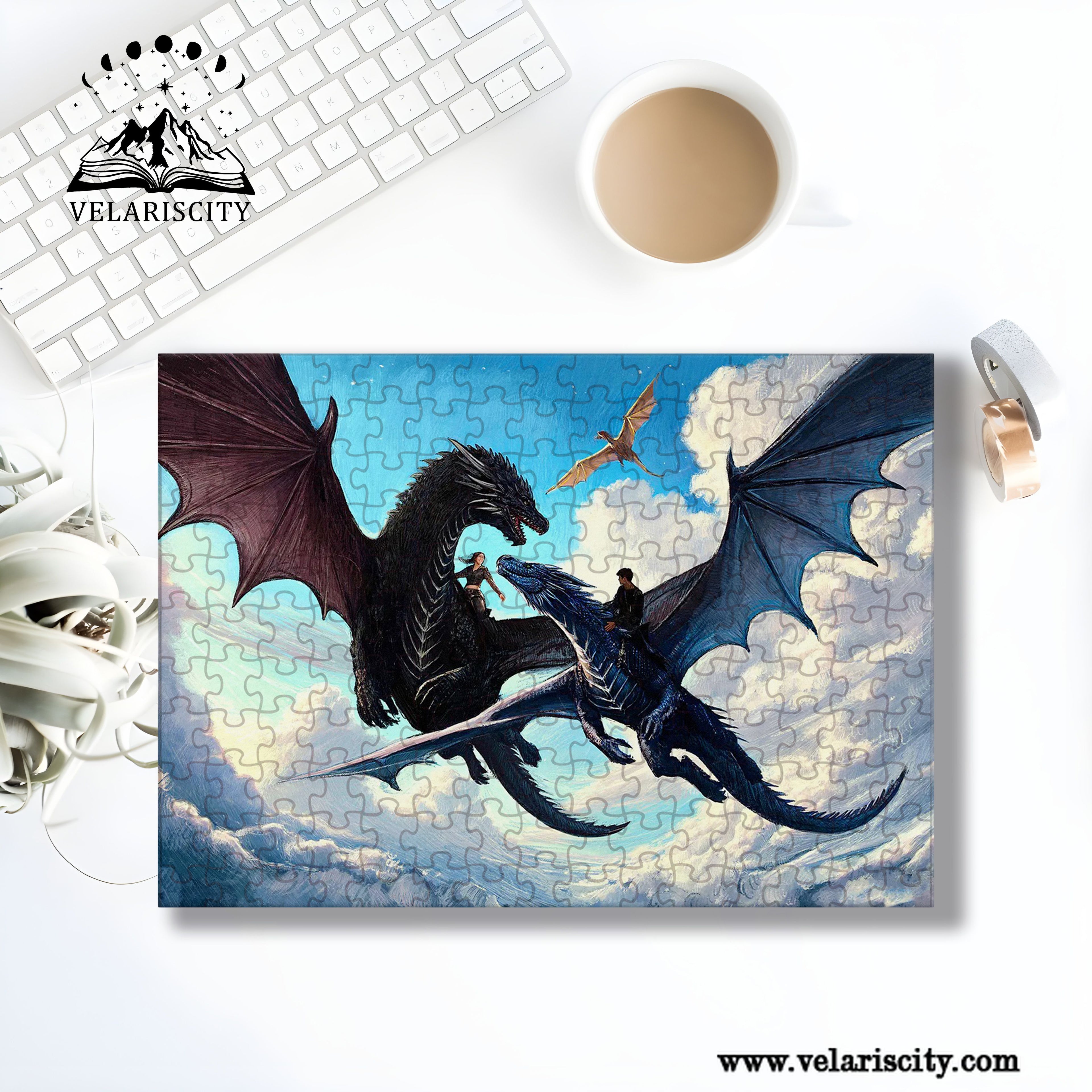 Fourth Wing Puzzle Violet & Xaden with Dragons Tairn & Sgaeyl, Fantasy Wooden Jigsaw Puzzle Bookish Gift PVLR02