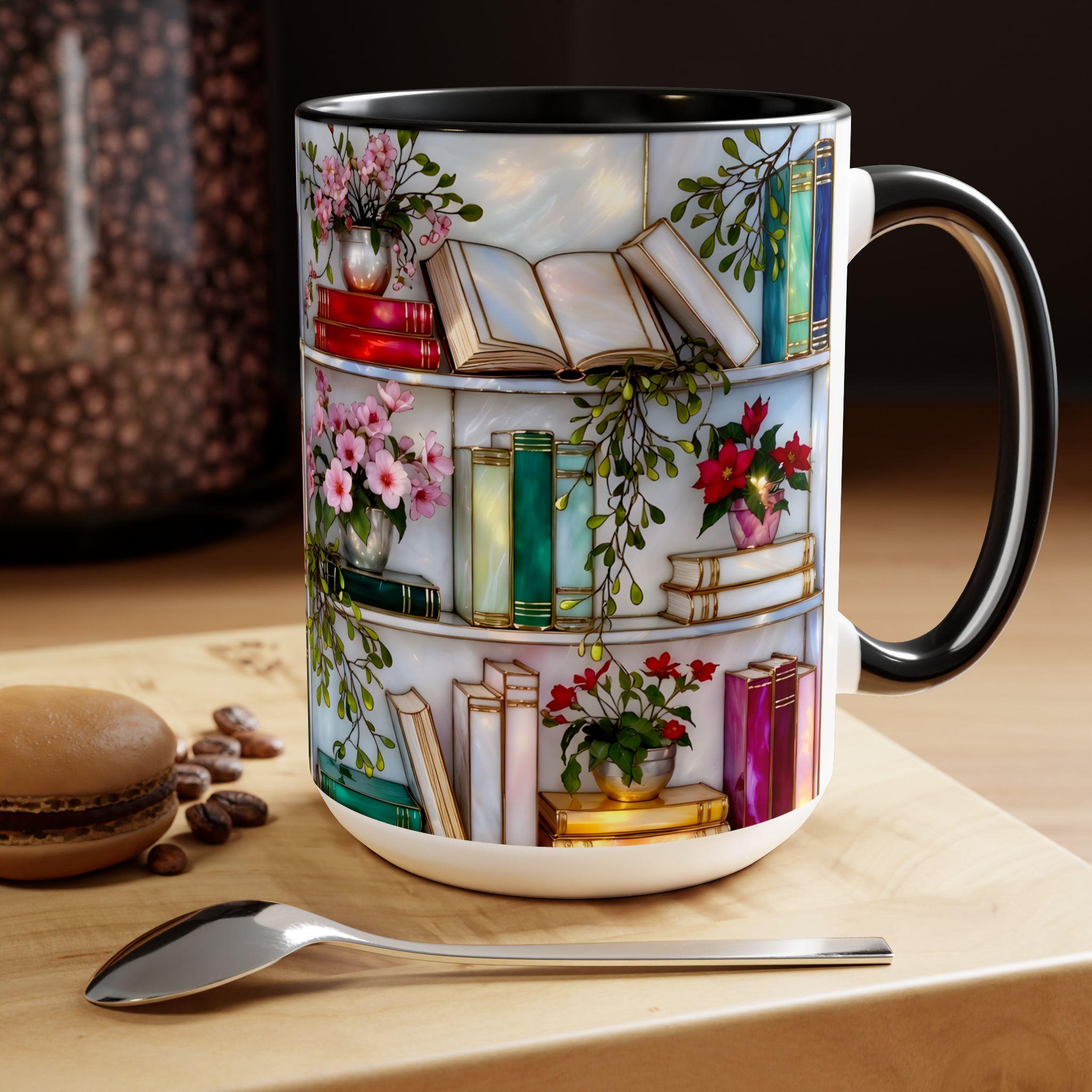 Stained Glass Style Bookshelf Mug, Colorful Floral Book Mug, Book Lover Gift. Elegant Reading Mug MFVLR02