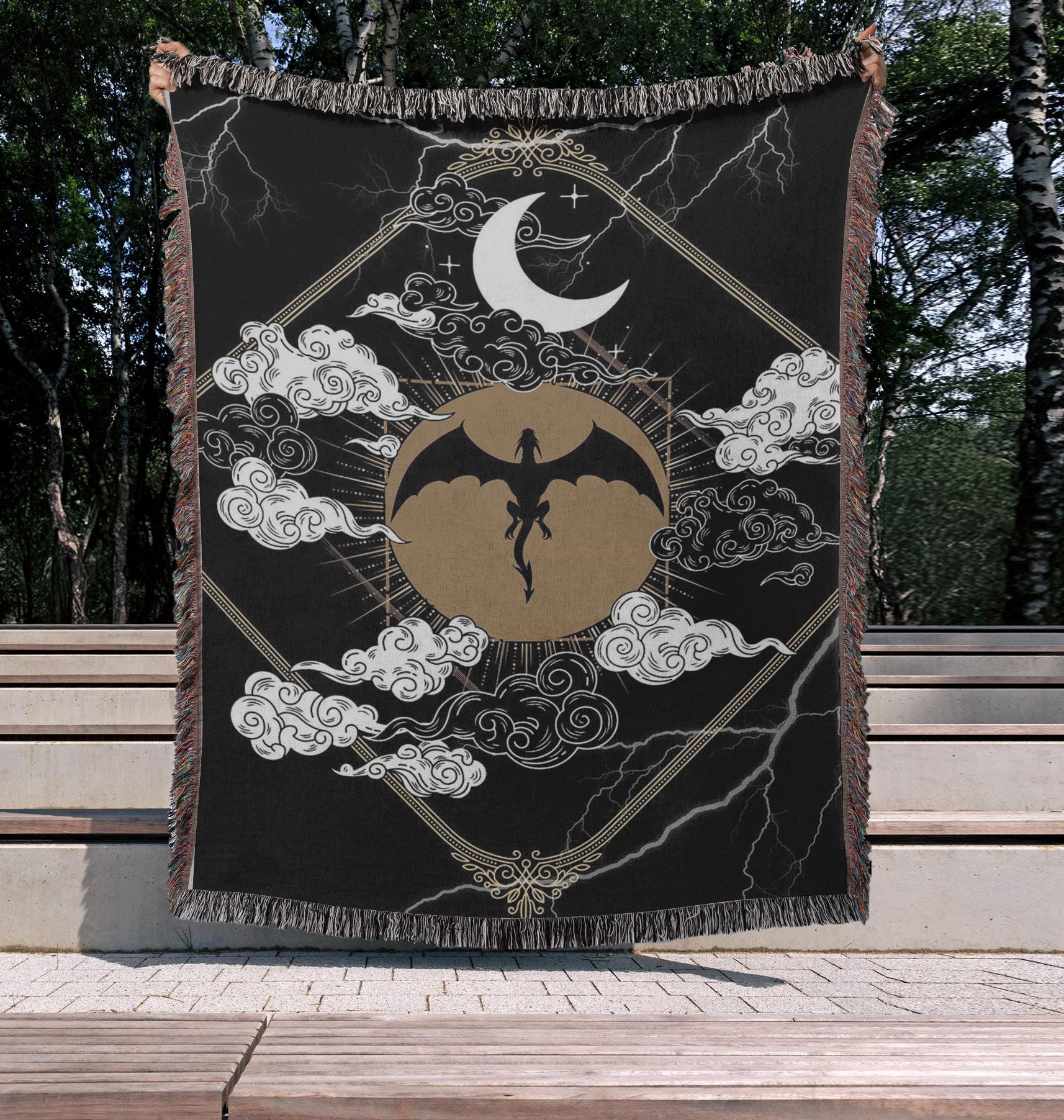 Fourth Wing Tairn Moon Woven Blanket, Fantasy Dragon Throw with Lightning & Clouds, Bookish Cozy Gift for Readers and Romantasy Fans BKVLR19