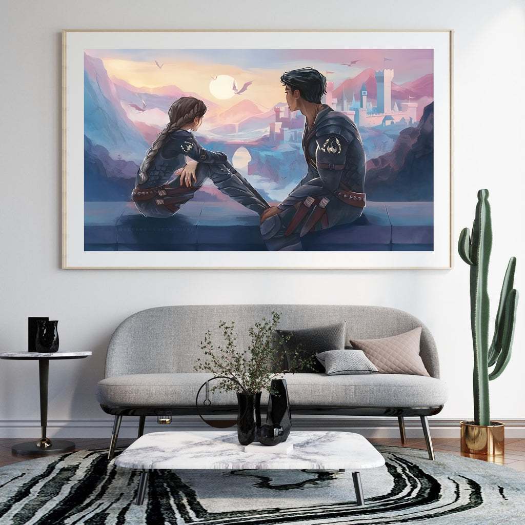 Xaden and Violet Fourth Wing Wall Art, Romantic Fantasy Bookish Poster with Dragons and Castle, Rebecca Yarros Inspired Decor Print VLRP61