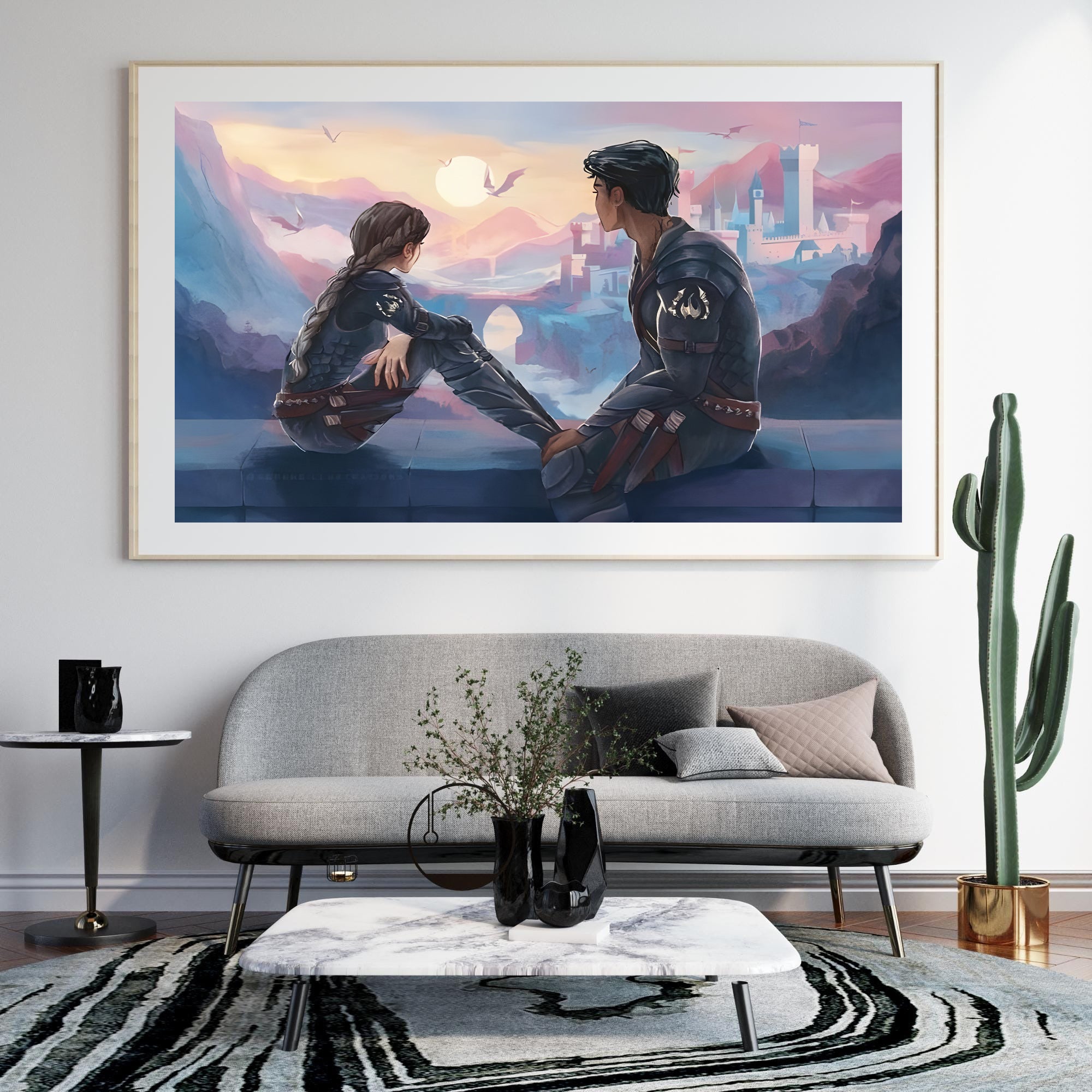 Xaden and Violet Fourth Wing Wall Art, Romantic Fantasy Bookish Poster with Dragons and Castle, Rebecca Yarros Inspired Decor Print VLRP61