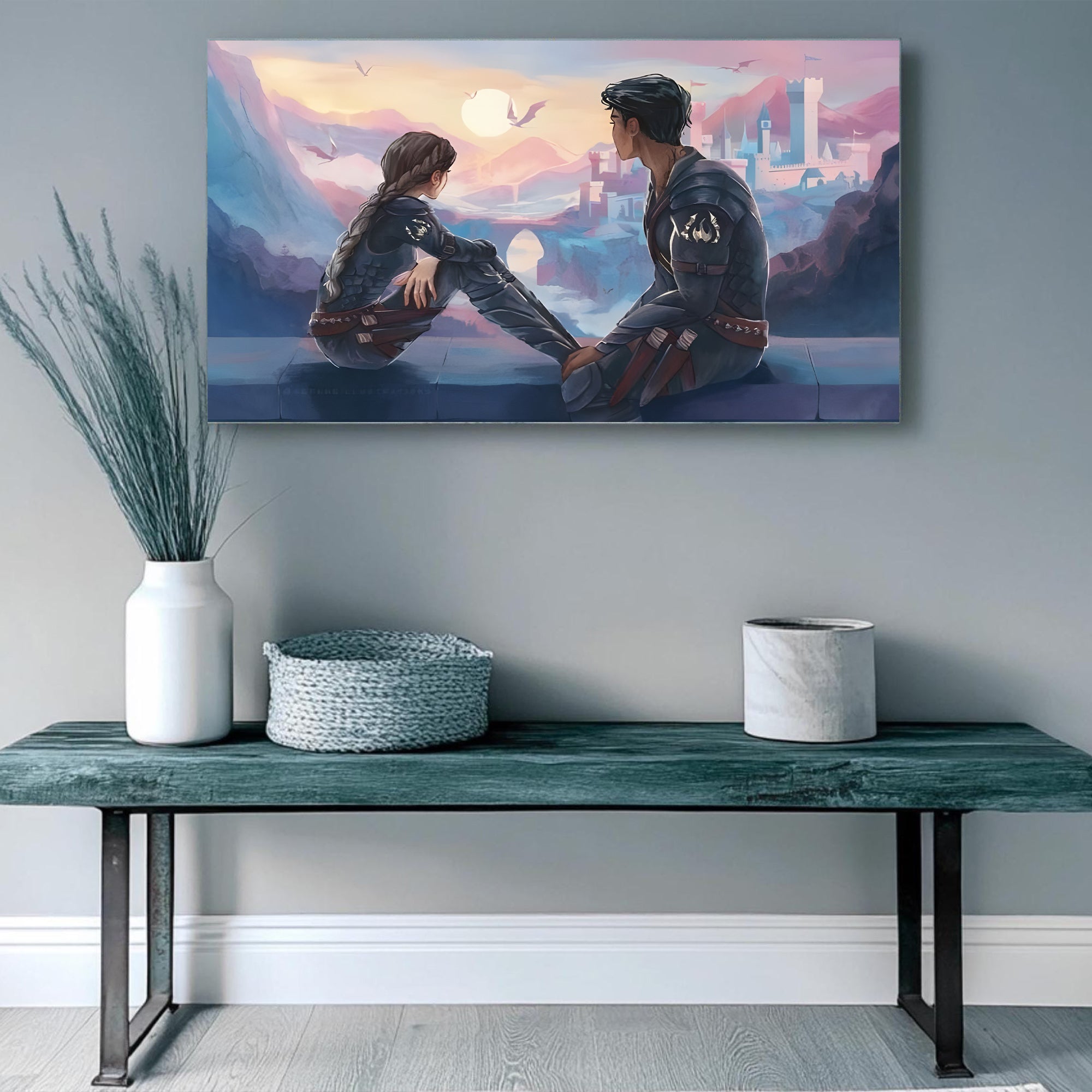 Xaden and Violet Fourth Wing Wall Art, Romantic Fantasy Bookish Poster with Dragons and Castle, Rebecca Yarros Inspired Decor Print VLRP61