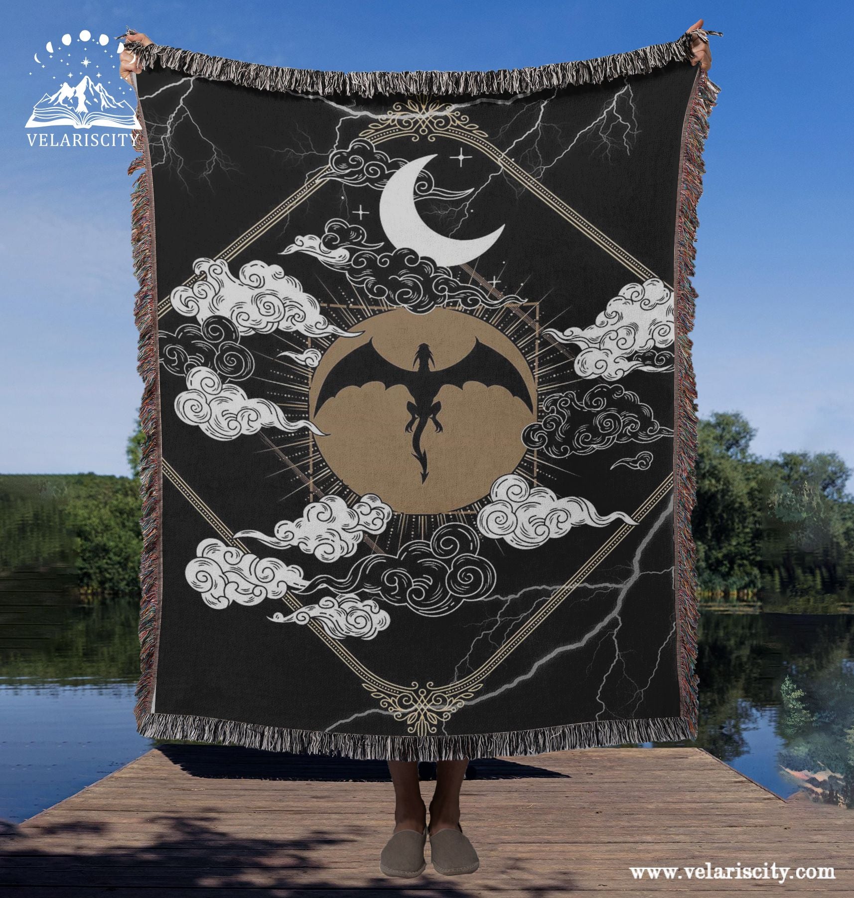 Fourth Wing Tairn Moon Woven Blanket, Fantasy Dragon Throw with Lightning & Clouds, Bookish Cozy Gift for Readers and Romantasy Fans BKVLR19