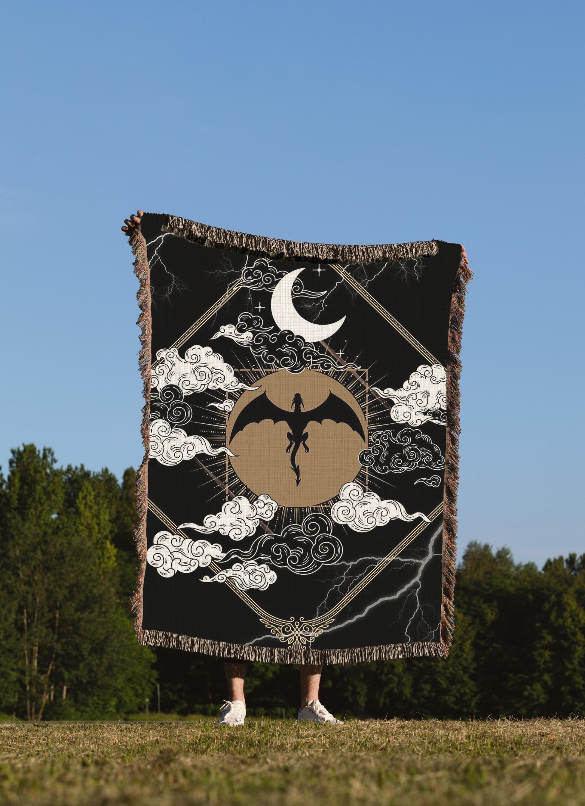 Fourth Wing Tairn Moon Woven Blanket, Fantasy Dragon Throw with Lightning & Clouds, Bookish Cozy Gift for Readers and Romantasy Fans BKVLR19