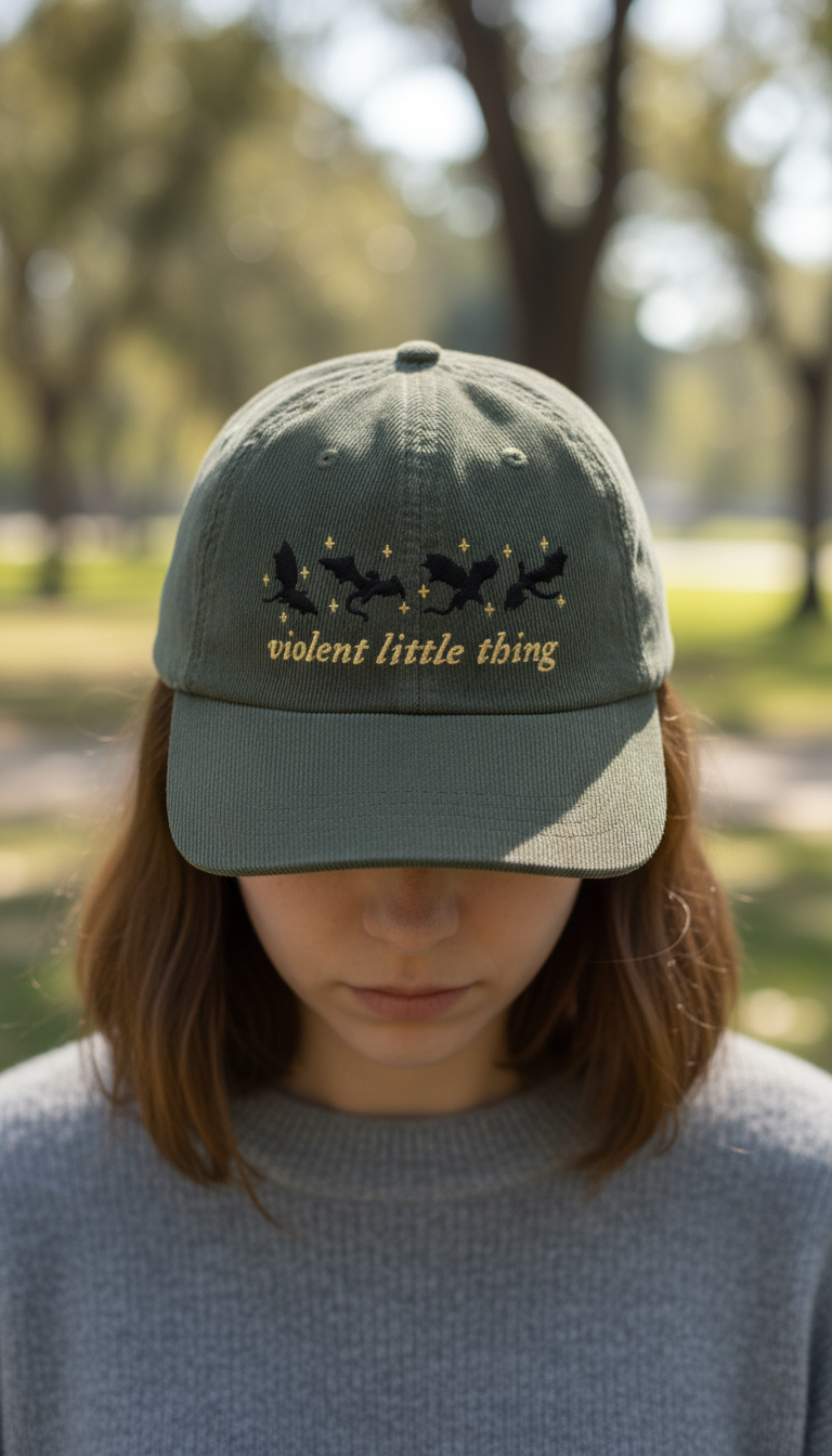 Violent Little Thing Dragon Corduroy Dad Hat, Fourth Wing Inspired Embroidered Cap, Fantasy Bookish Gift for Readers VLRH33
