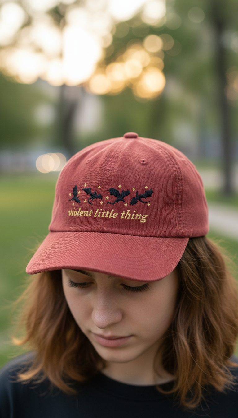 Violent Little Thing Dragon Corduroy Dad Hat, Fourth Wing Inspired Embroidered Cap, Fantasy Bookish Gift for Readers VLRH33
