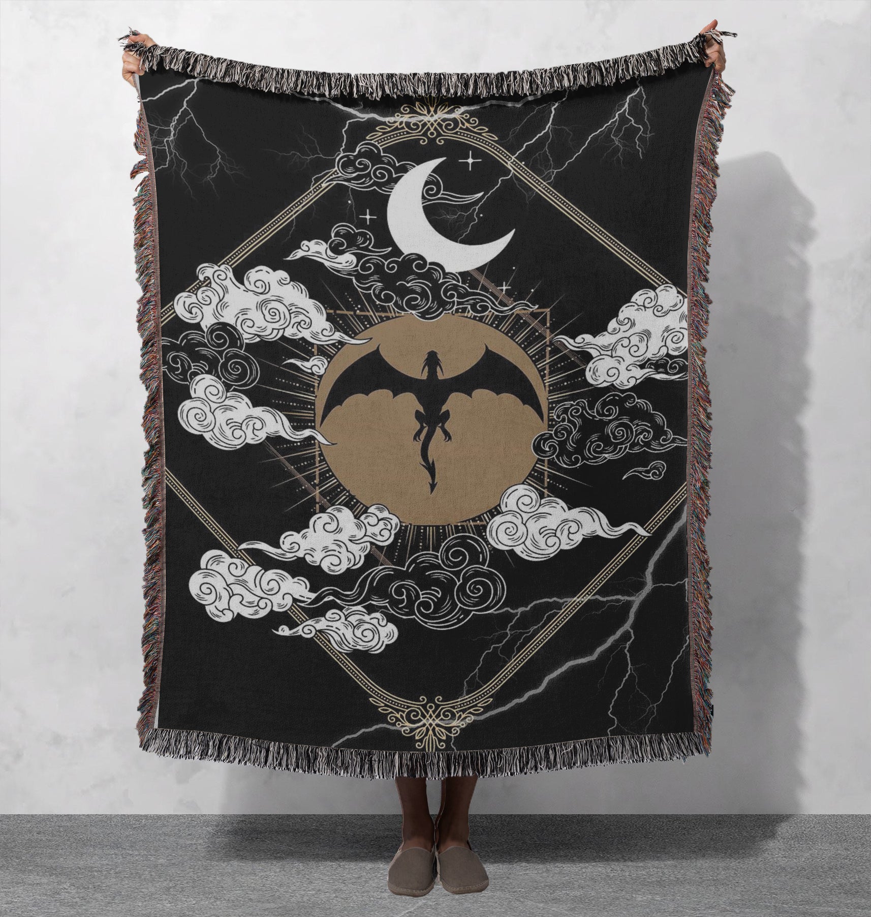 Fourth Wing Tairn Moon Woven Blanket, Fantasy Dragon Throw with Lightning & Clouds, Bookish Cozy Gift for Readers and Romantasy Fans BKVLR19
