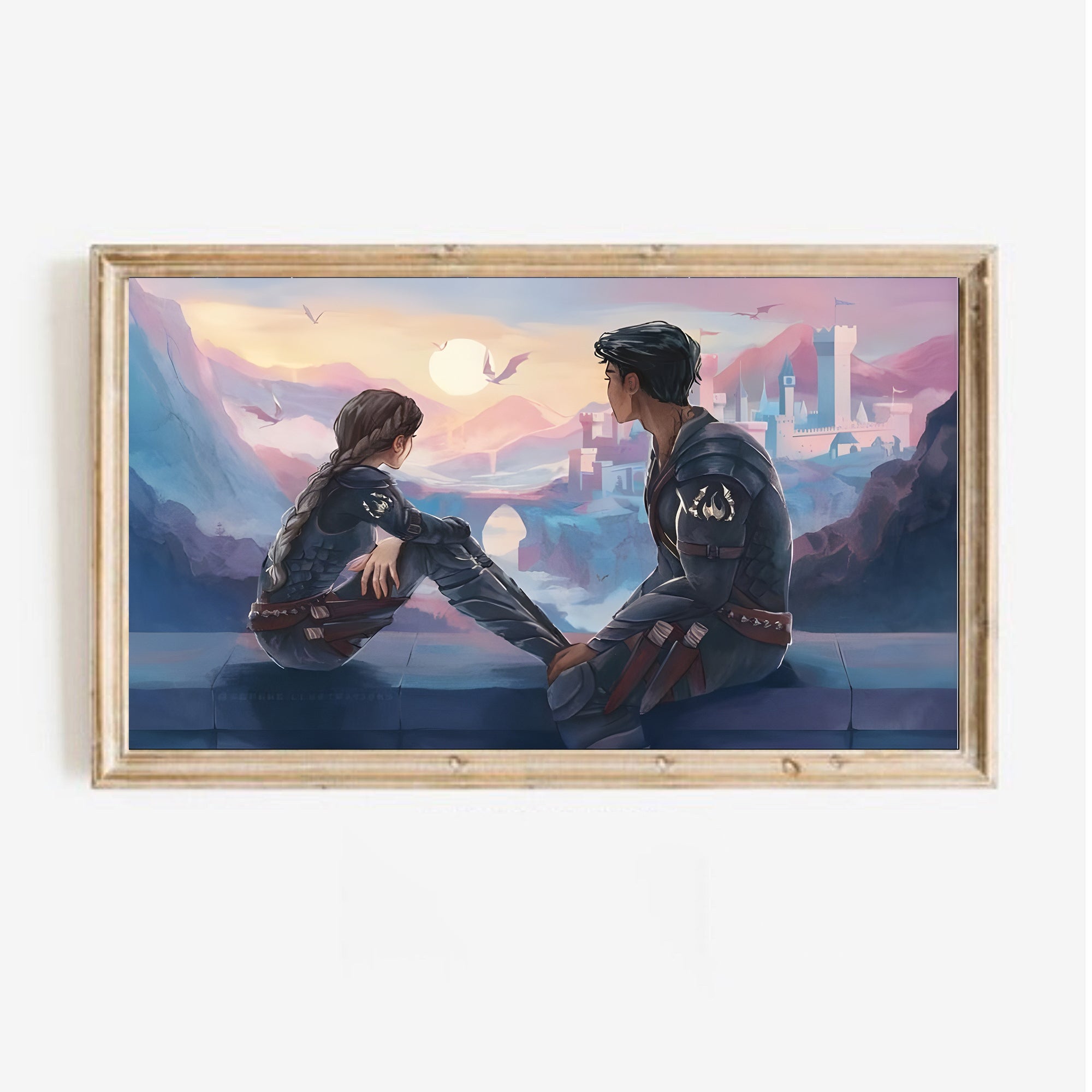 Xaden and Violet Fourth Wing Wall Art, Romantic Fantasy Bookish Poster with Dragons and Castle, Rebecca Yarros Inspired Decor Print VLRP61