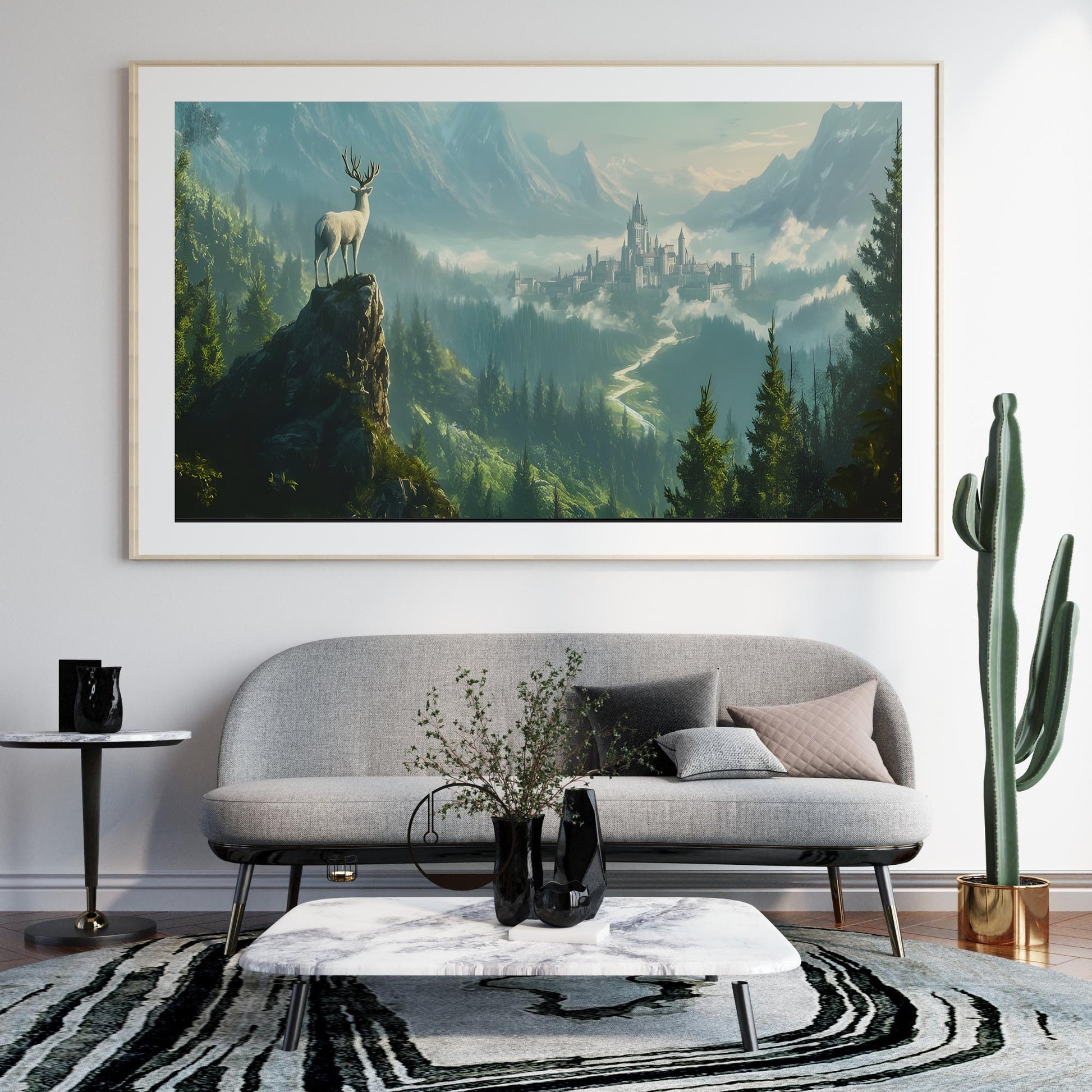 Terrasen Throne of Glass Wall Art, White Stag Fantasy Castle Landscape Poster, Aelin Galathynius Kingdom Sarah J Maas Inspired Print VLRP62
