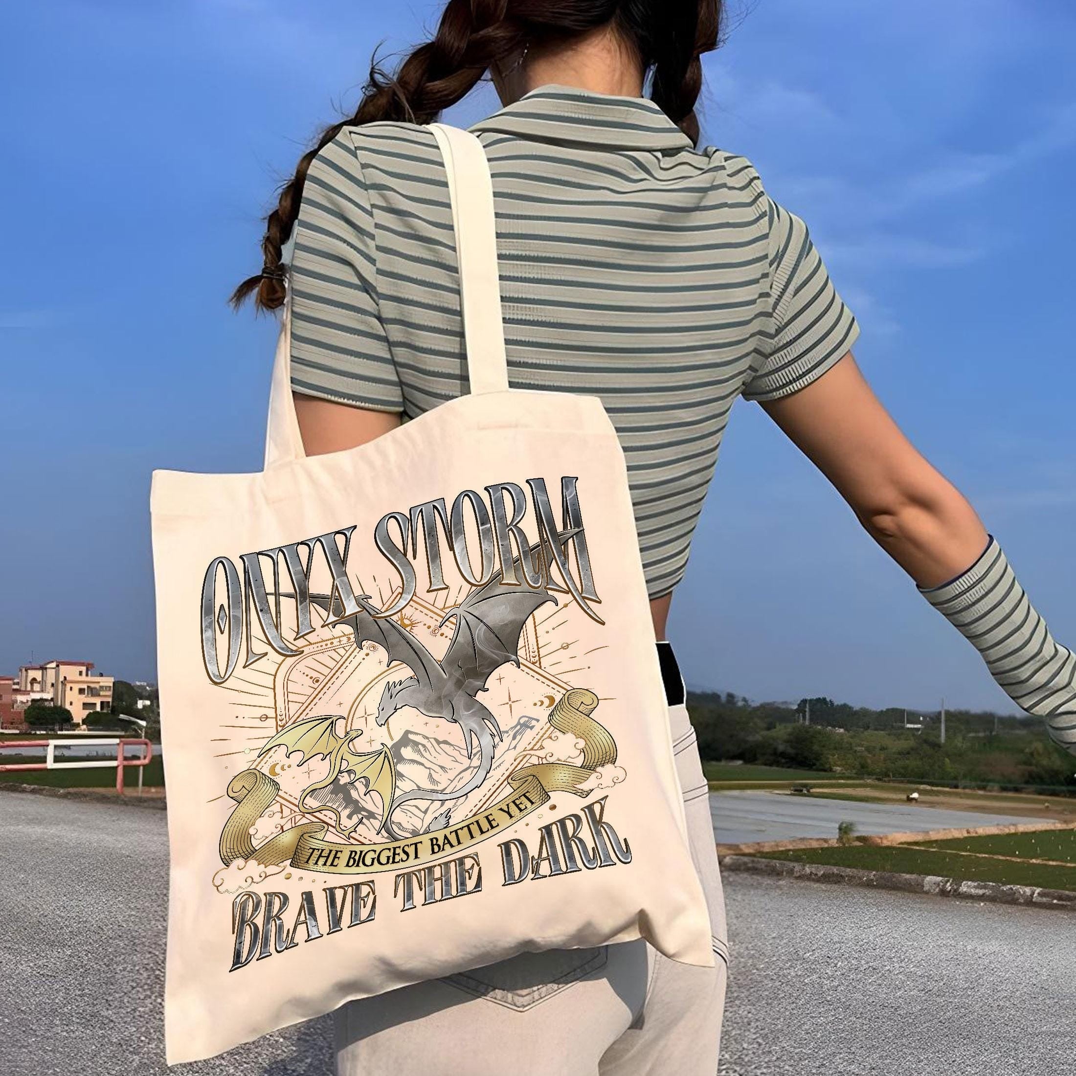 Onyx Storm Brave The Dark Canvas Tote, Fourth Wing Series Bookish Bag, Violet Sorrengail Dragon Rider Tote, Gift For Readers TBVLR19