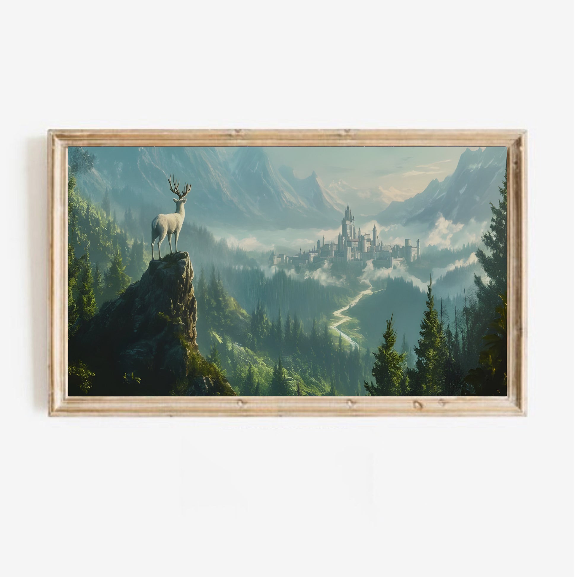 Terrasen Throne of Glass Wall Art, White Stag Fantasy Castle Landscape Poster, Aelin Galathynius Kingdom Sarah J Maas Inspired Print VLRP62