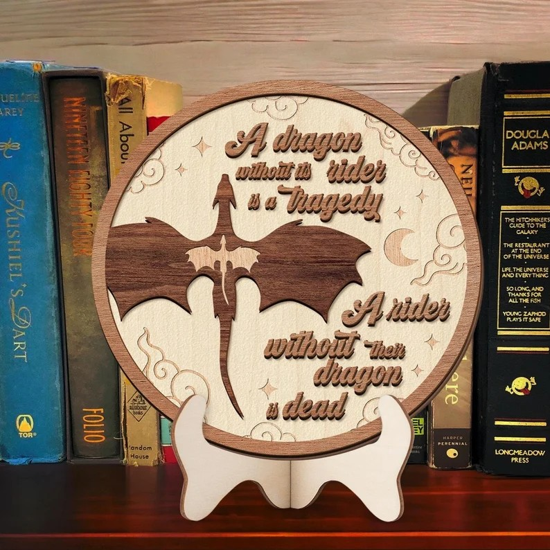Fourth Wing Dragon Without Its Rider Book Sign, Wooden Dragon Bookshelf Decor, Fantasy Dragon Library Sign