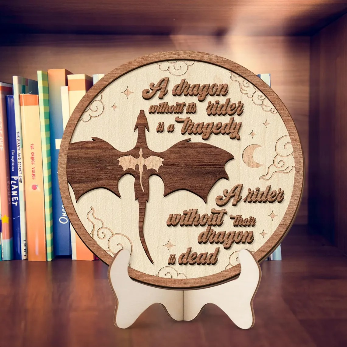 Fourth Wing Dragon Without Its Rider Book Sign, Wooden Dragon Bookshelf Decor, Fantasy Dragon Library Sign