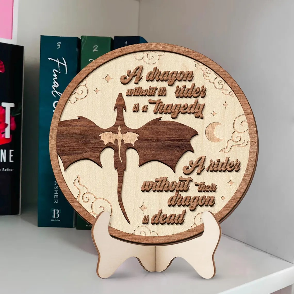 Fourth Wing Dragon Without Its Rider Book Sign, Wooden Dragon Bookshelf Decor, Fantasy Dragon Library Sign