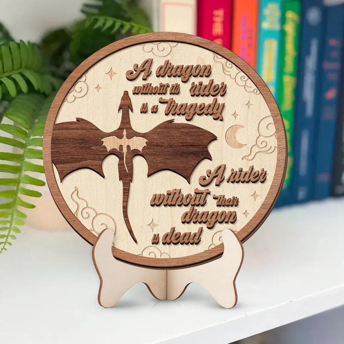 Fourth Wing Dragon Without Its Rider Book Sign, Wooden Dragon Bookshelf Decor, Fantasy Dragon Library Sign BTVLR56