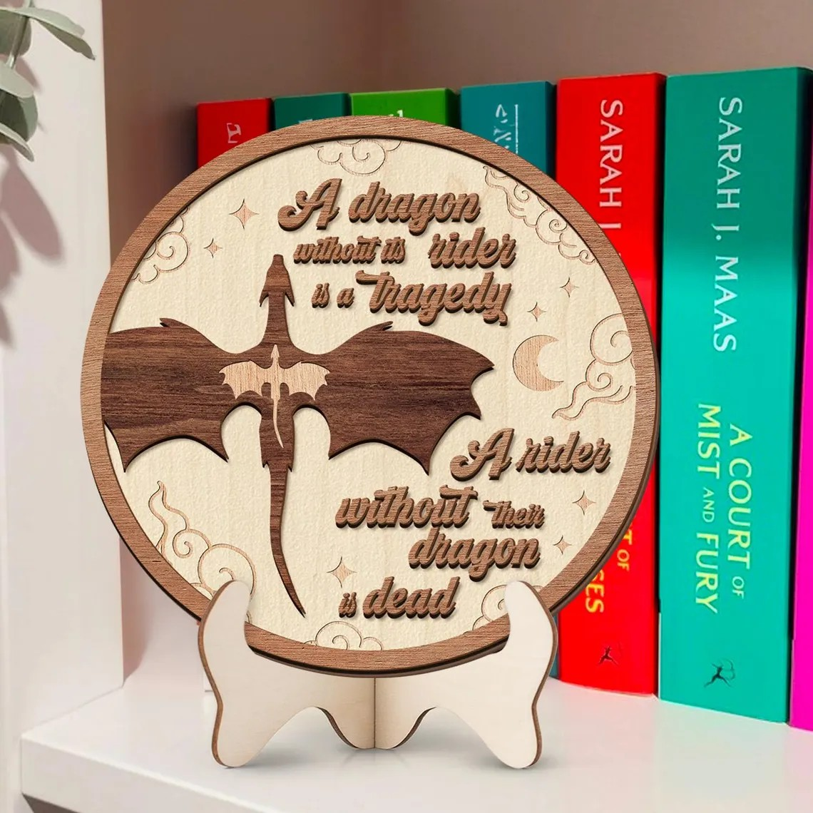Fourth Wing Dragon Without Its Rider Book Sign, Wooden Dragon Bookshelf Decor, Fantasy Dragon Library Sign BTVLR56