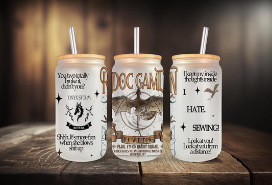 Onyx Storm Ridoc Glass Can – Frosted Dragon Tumbler with Bamboo Lid, Funny Fourth Wing Quotes Libbey Cup GLVLR21