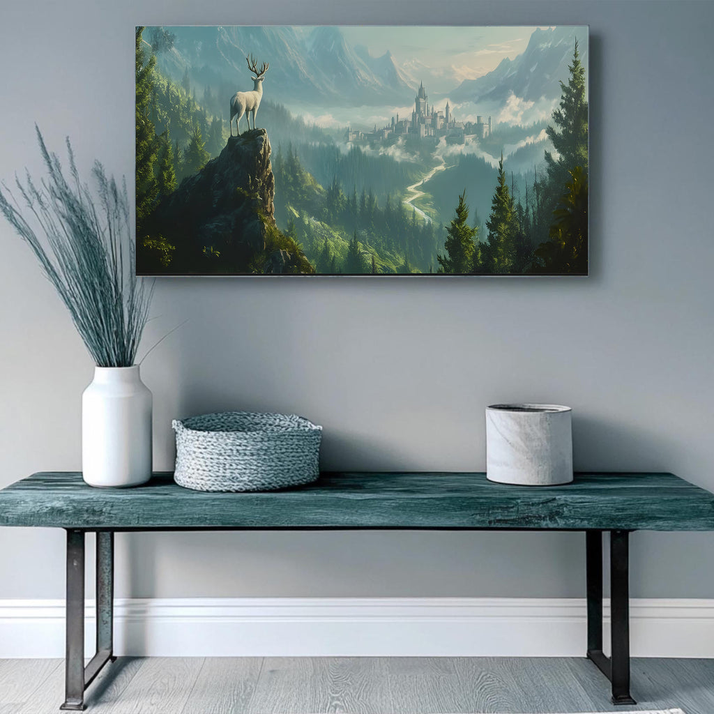 Terrasen Throne of Glass Wall Art, White Stag Fantasy Castle Landscape Poster, Aelin Galathynius Kingdom Sarah J Maas Inspired Print VLRP62