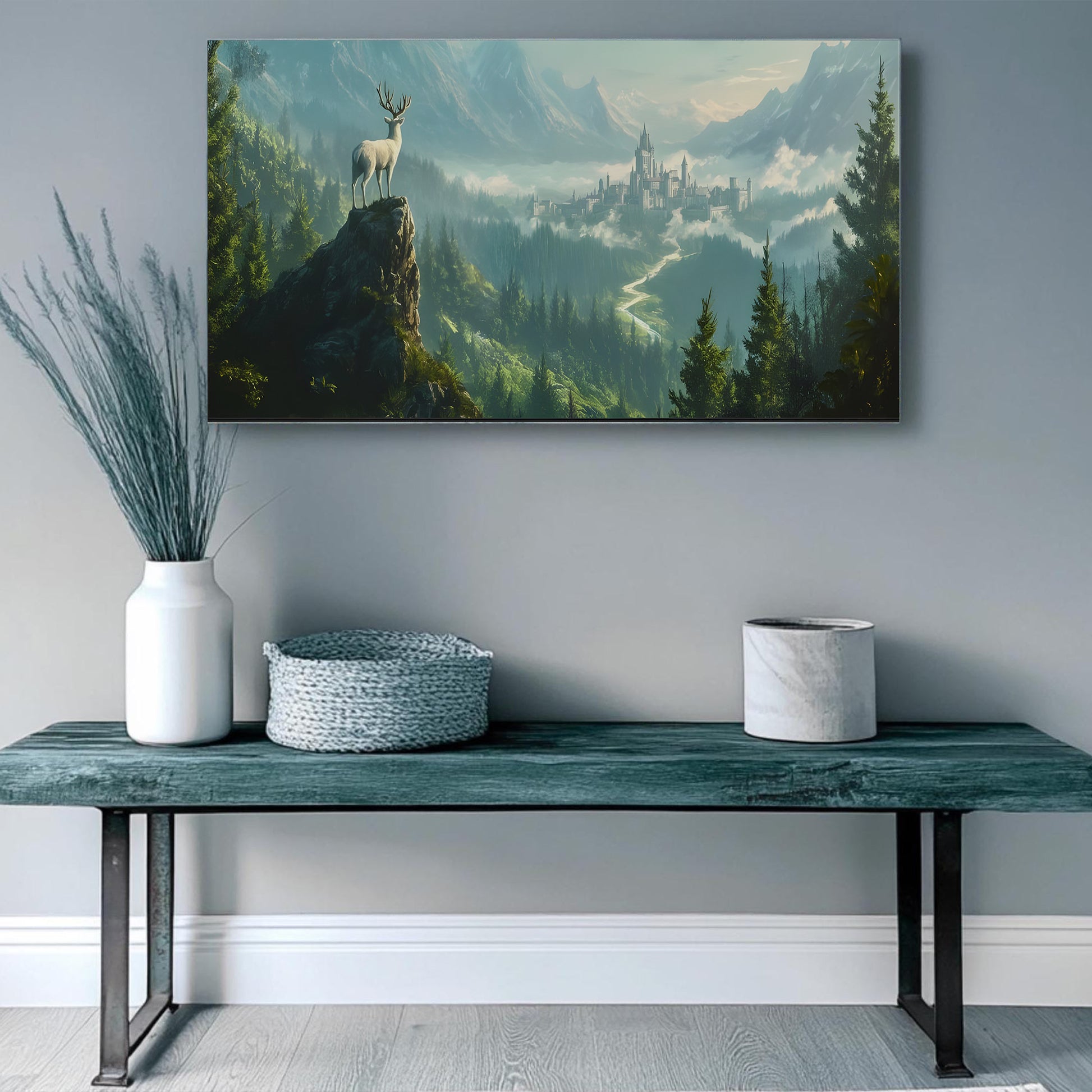 Terrasen Throne of Glass Wall Art, White Stag Fantasy Castle Landscape Poster, Aelin Galathynius Kingdom Sarah J Maas Inspired Print VLRP62