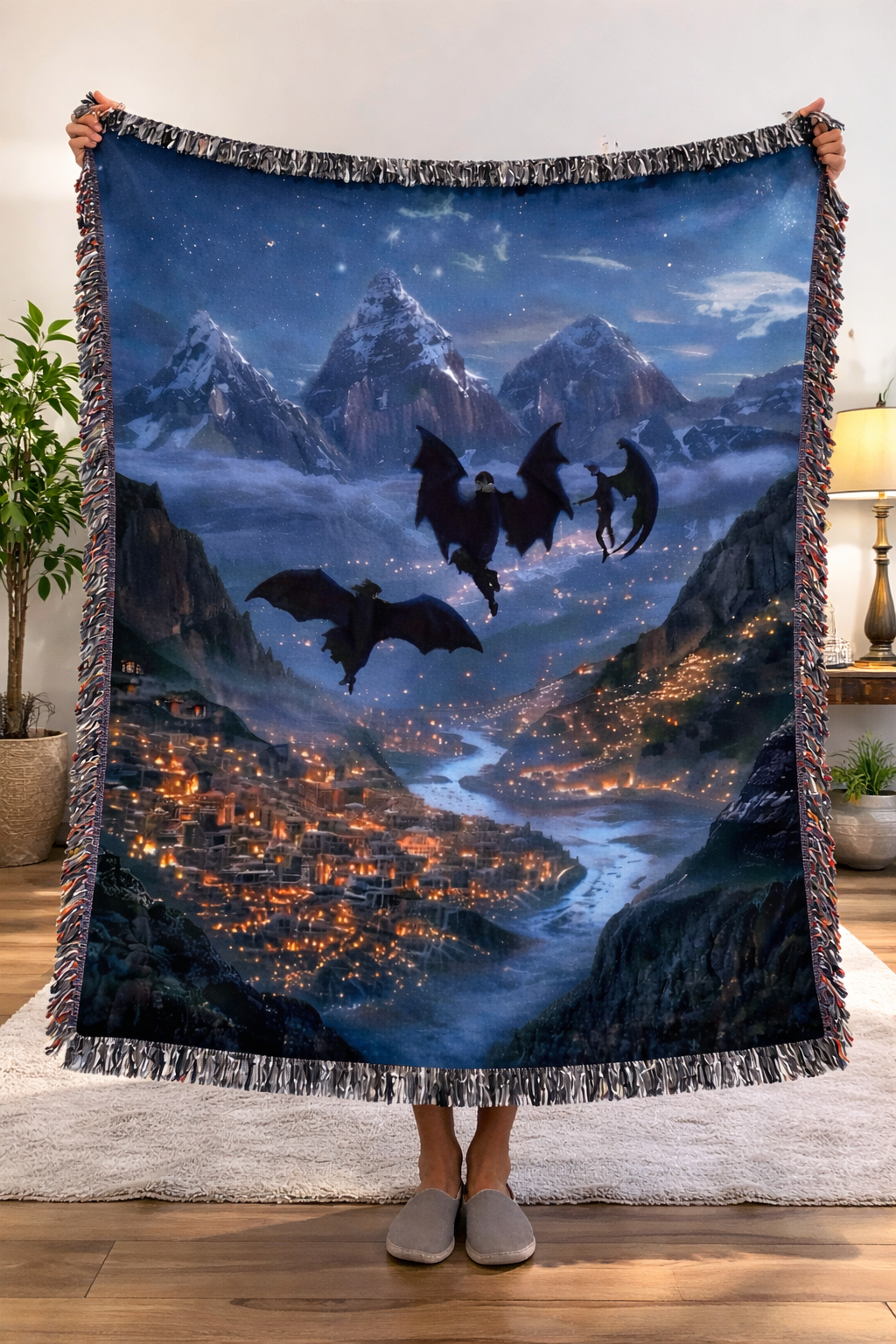 ACOTAR Inspired Woven Blanket, Night Court Mountain City Throw, Starfall Fantasy Home Decor, Gift for Romantasy Readers BKVLR22