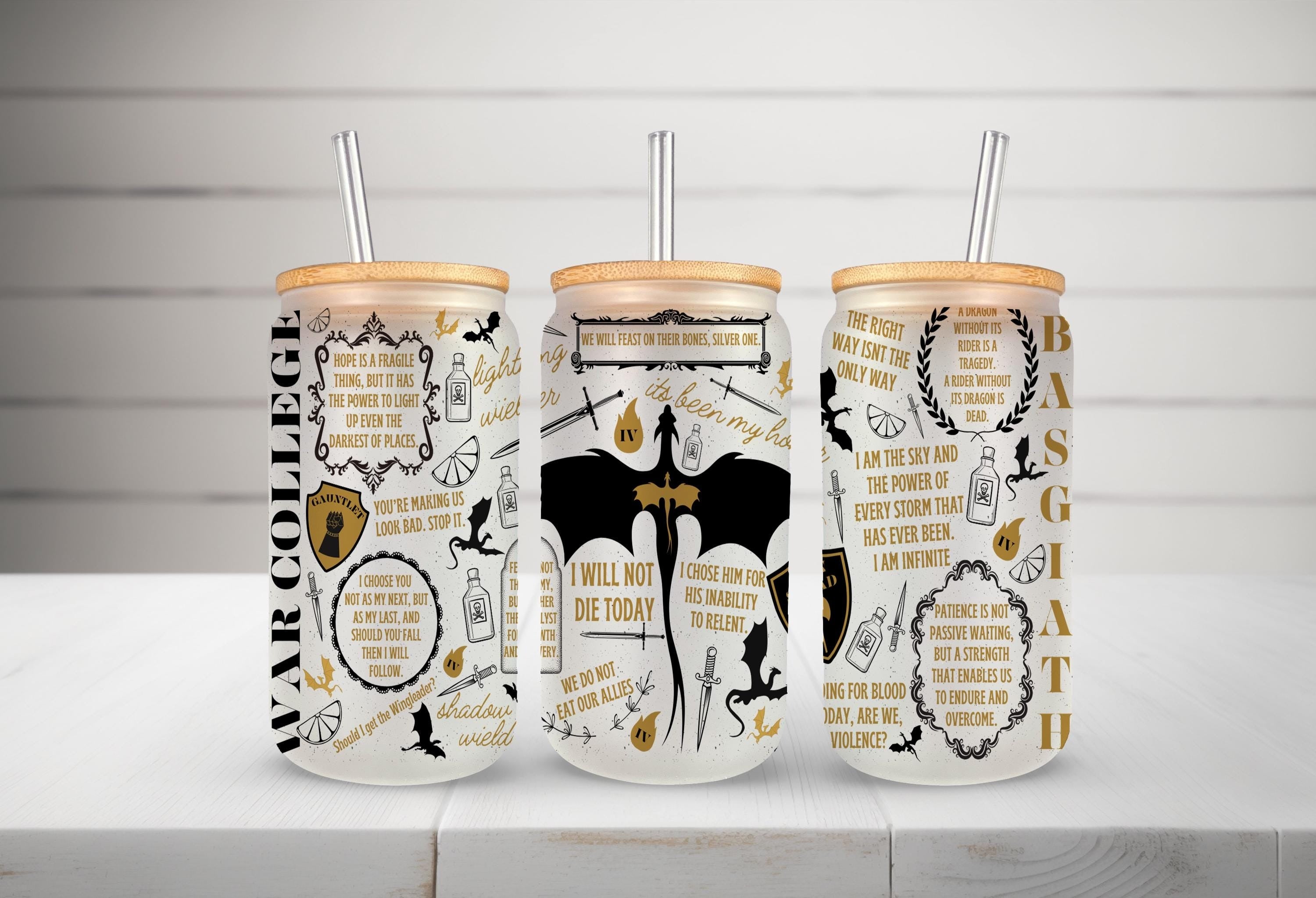 Fourth Wing Collage Quote Glass Tumbler, Basgiath War College Iced Coffee Cup, Dragon Rider Libbey Cup, Violet & Xaden Fantasy Book Fan Gift GLVLR10