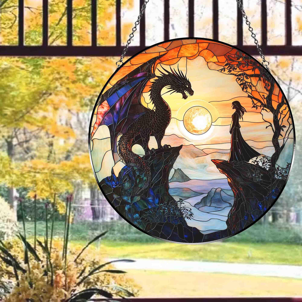 Fourth Wing Inspired Suncatcher – Dragon and Rider Sunset Scene Faux Stained Glass Decor SGVLR22
