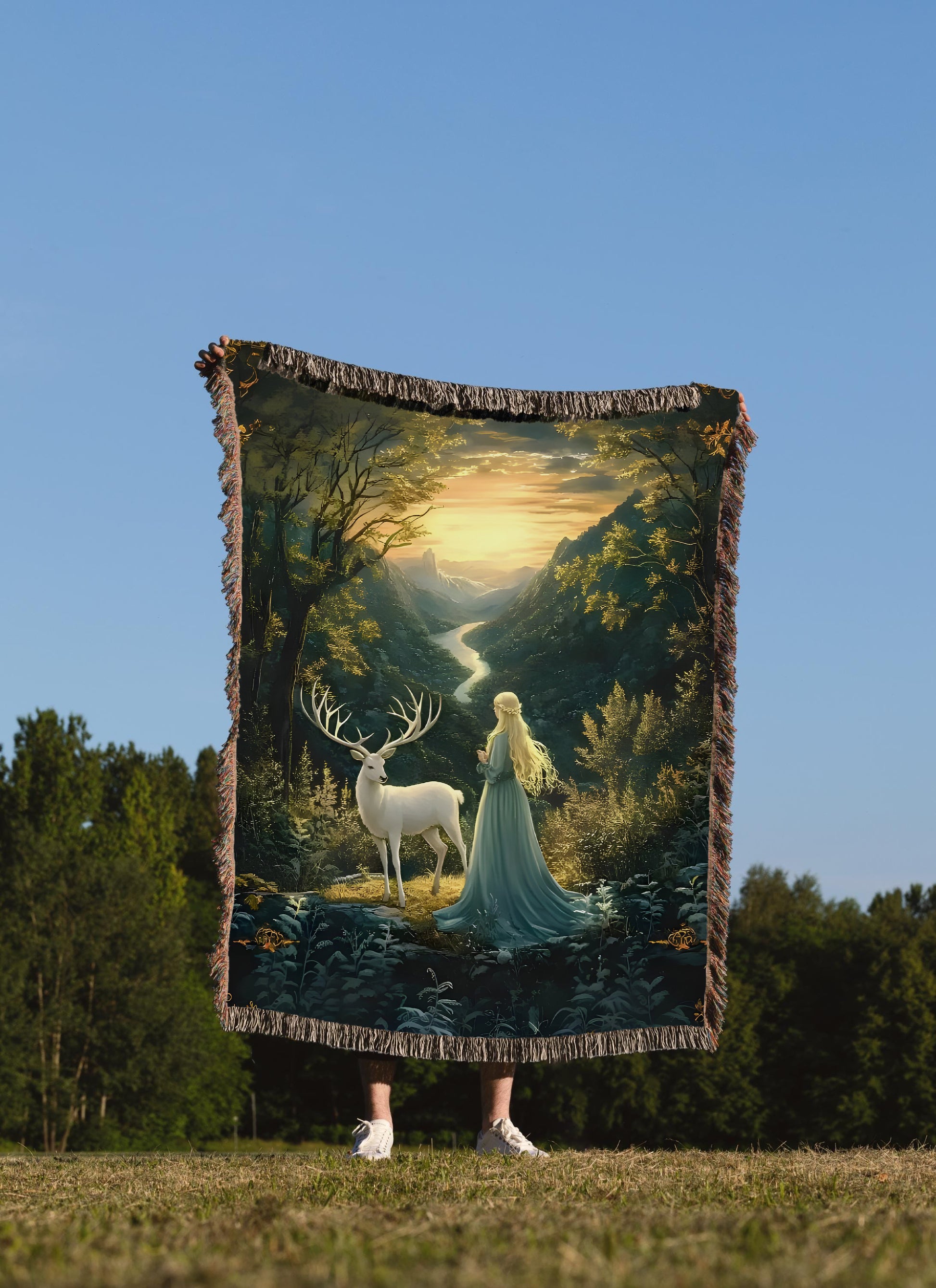 Aelin and Terrasen Woven Blanket, Throne of Glass Inspired Throw, White Stag Fantasy Scene, Cozy Gift for Fans BKVLR22