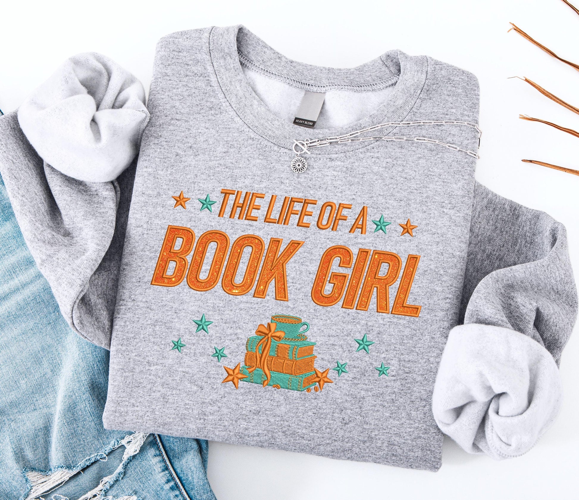 The Life of a Book Girl Sweatshirt for Fan, Embroidered Orange Glitter Shirt, Showgirl Shirt for Concert, Book Club Shirt Gift for Her