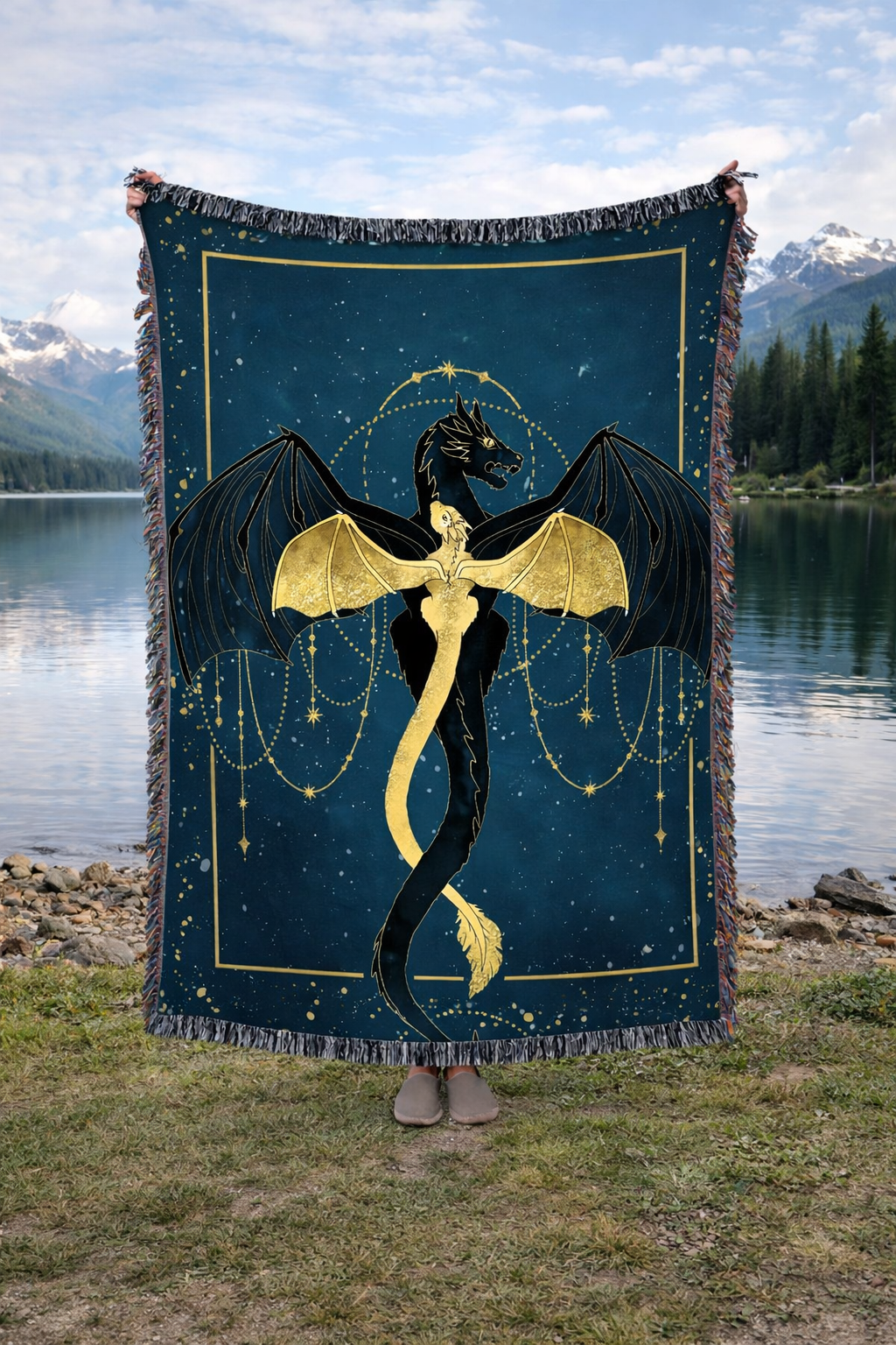 Fourth Wing Inspired Woven Blanket, Tairn and Andarna Dragon Throw, Celestial Bookish Home Decor, Gift for Romantasy Readers BKVLR19