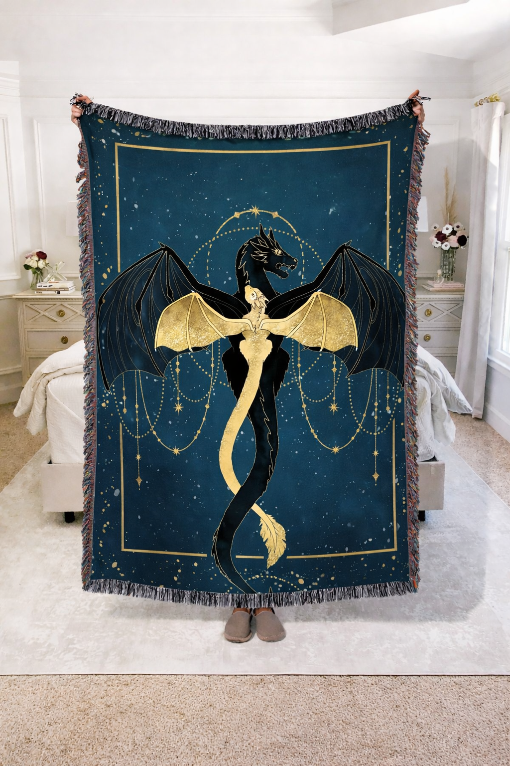 Fourth Wing Inspired Woven Blanket, Tairn and Andarna Dragon Throw, Celestial Bookish Home Decor, Gift for Romantasy Readers BKVLR19