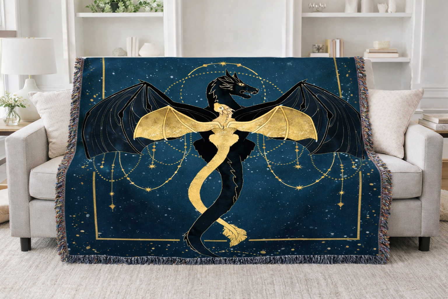 Fourth Wing Inspired Woven Blanket, Tairn and Andarna Dragon Throw, Celestial Bookish Home Decor, Gift for Romantasy Readers BKVLR19