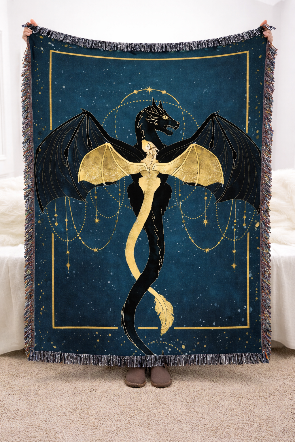 Fourth Wing Inspired Woven Blanket, Tairn and Andarna Dragon Throw, Celestial Bookish Home Decor, Gift for Romantasy Readers BKVLR19