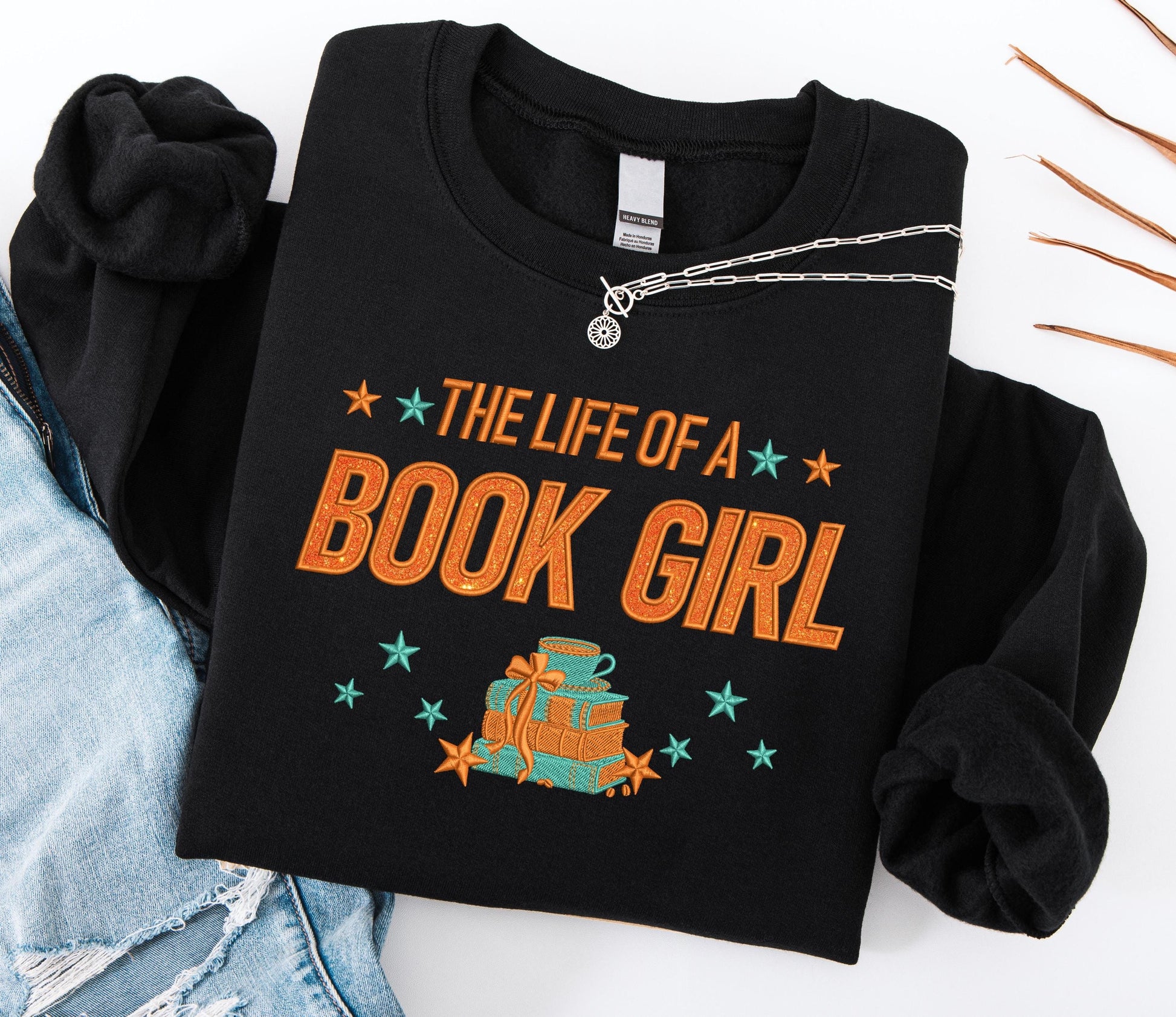 The Life of a Book Girl Sweatshirt for Fan, Embroidered Orange Glitter Shirt, Showgirl Shirt for Concert, Book Club Shirt Gift for Her