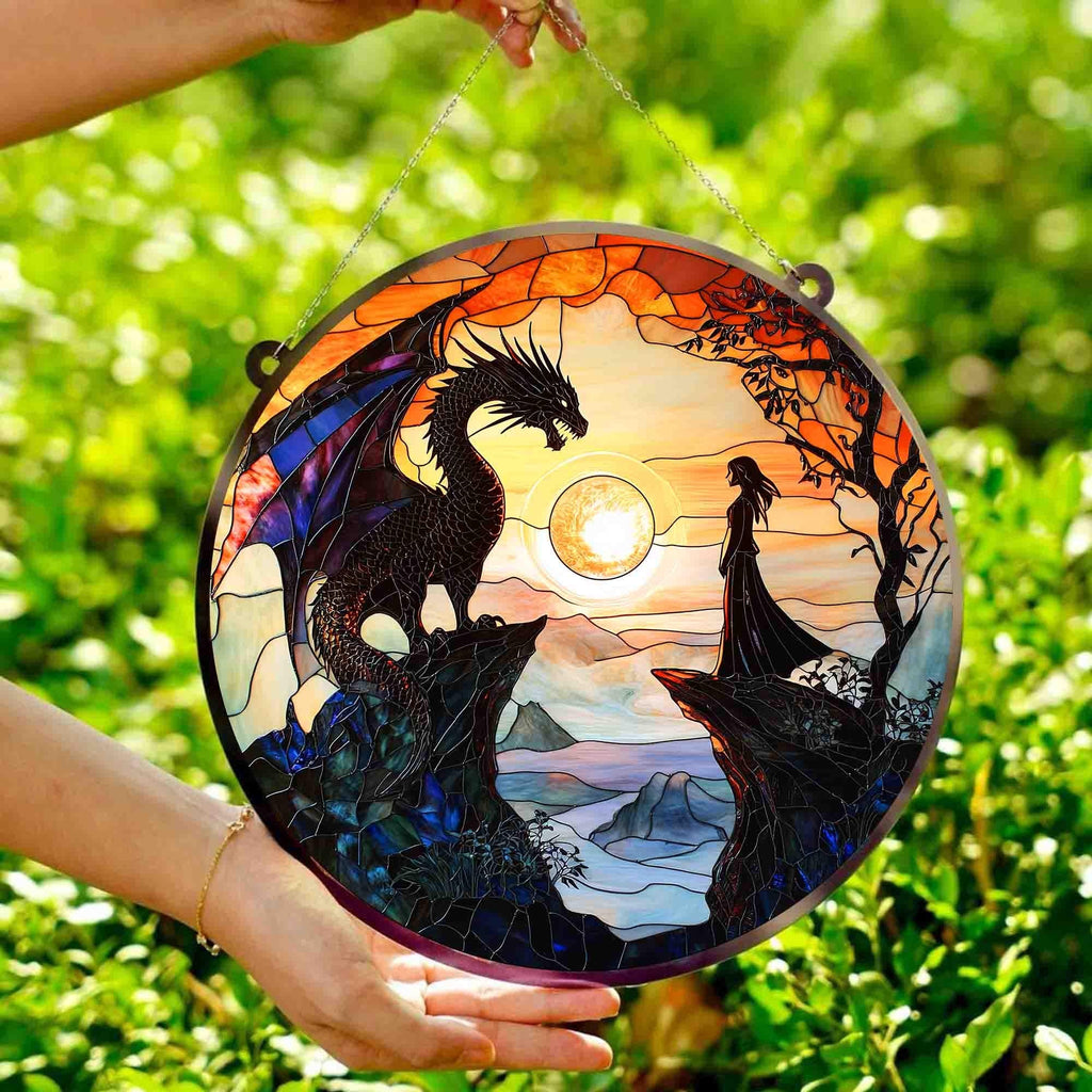 Fourth Wing Inspired Suncatcher – Dragon and Rider Sunset Scene Faux Stained Glass Decor SGVLR22