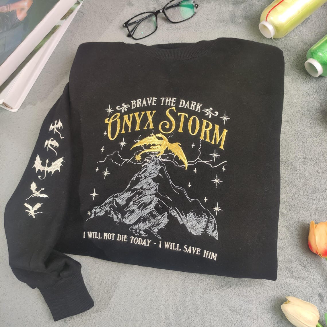 Embroidered Onyx Storm Brave The Dark Sweatshirt, The Empyrean Sweatshirt, VEMB19