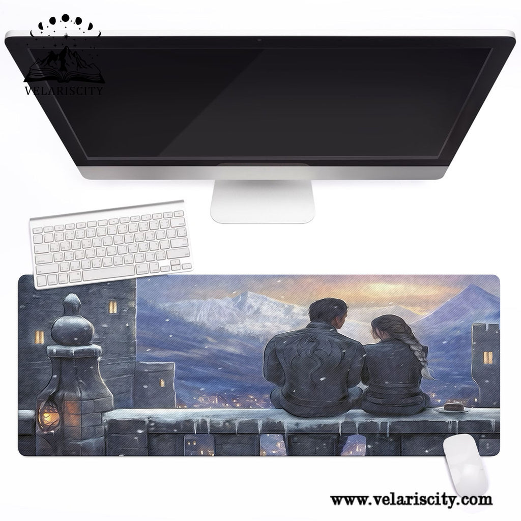 Fourth Wing Desk Mat, Violet and Xaden Romantic Castle Scene, Empyrean Series Rebecca Yarros Inspired Mouse Pad DMVLR28