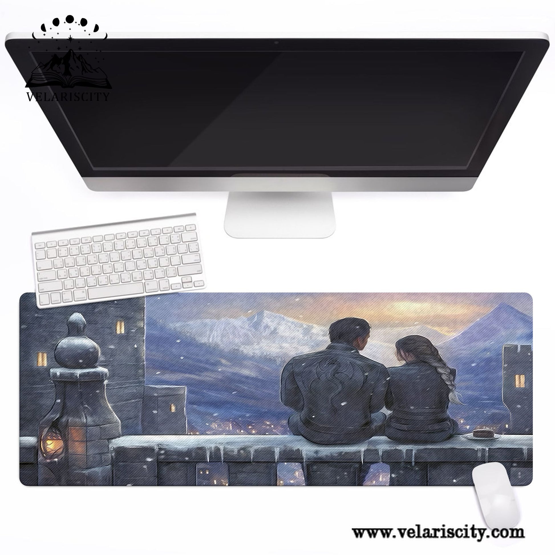 Fourth Wing Desk Mat, Violet and Xaden Romantic Castle Scene, Empyrean Series Rebecca Yarros Inspired Mouse Pad DMVLR28