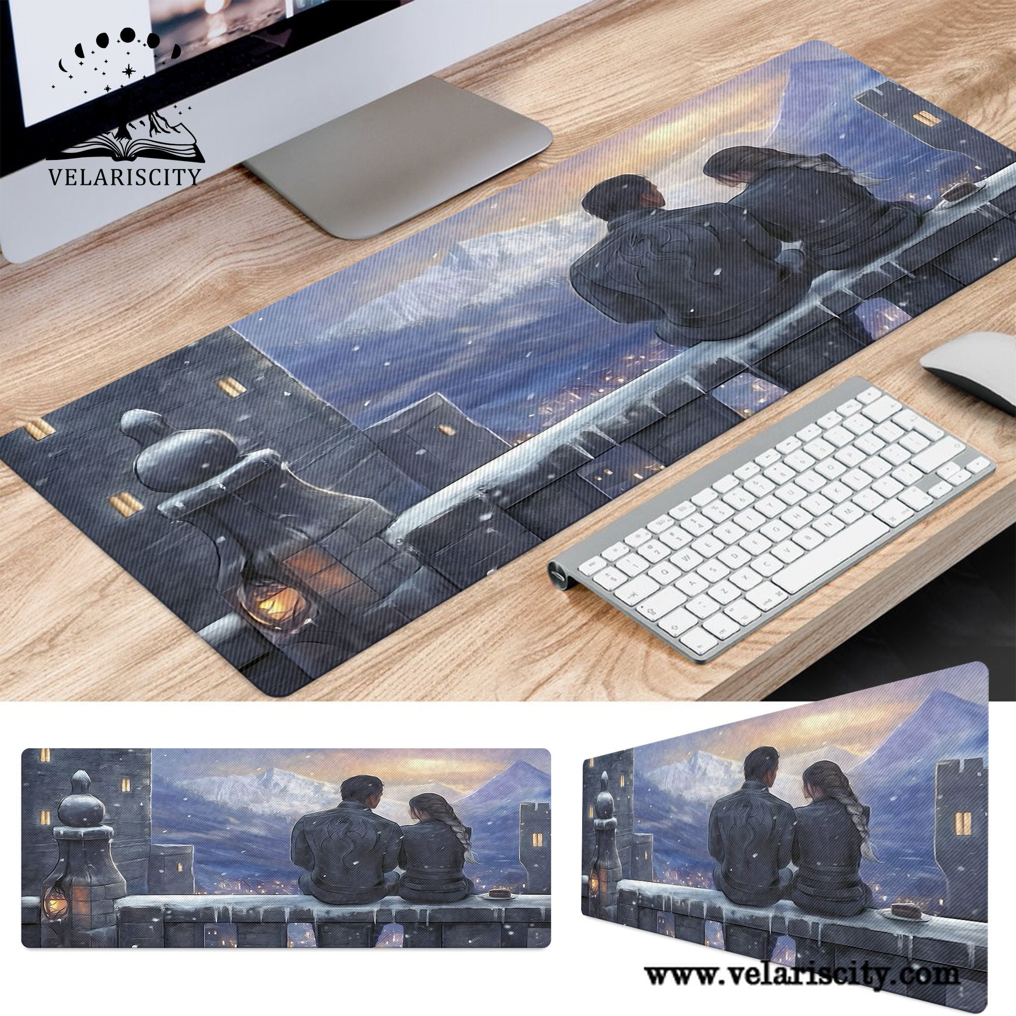 Fourth Wing Desk Mat, Violet and Xaden Romantic Castle Scene, Empyrean Series Rebecca Yarros Inspired Mouse Pad DMVLR28
