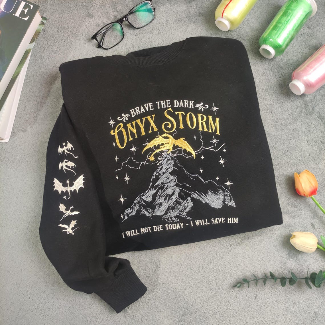 Embroidered Onyx Storm Brave The Dark Sweatshirt, The Empyrean Sweatshirt, VEMB19