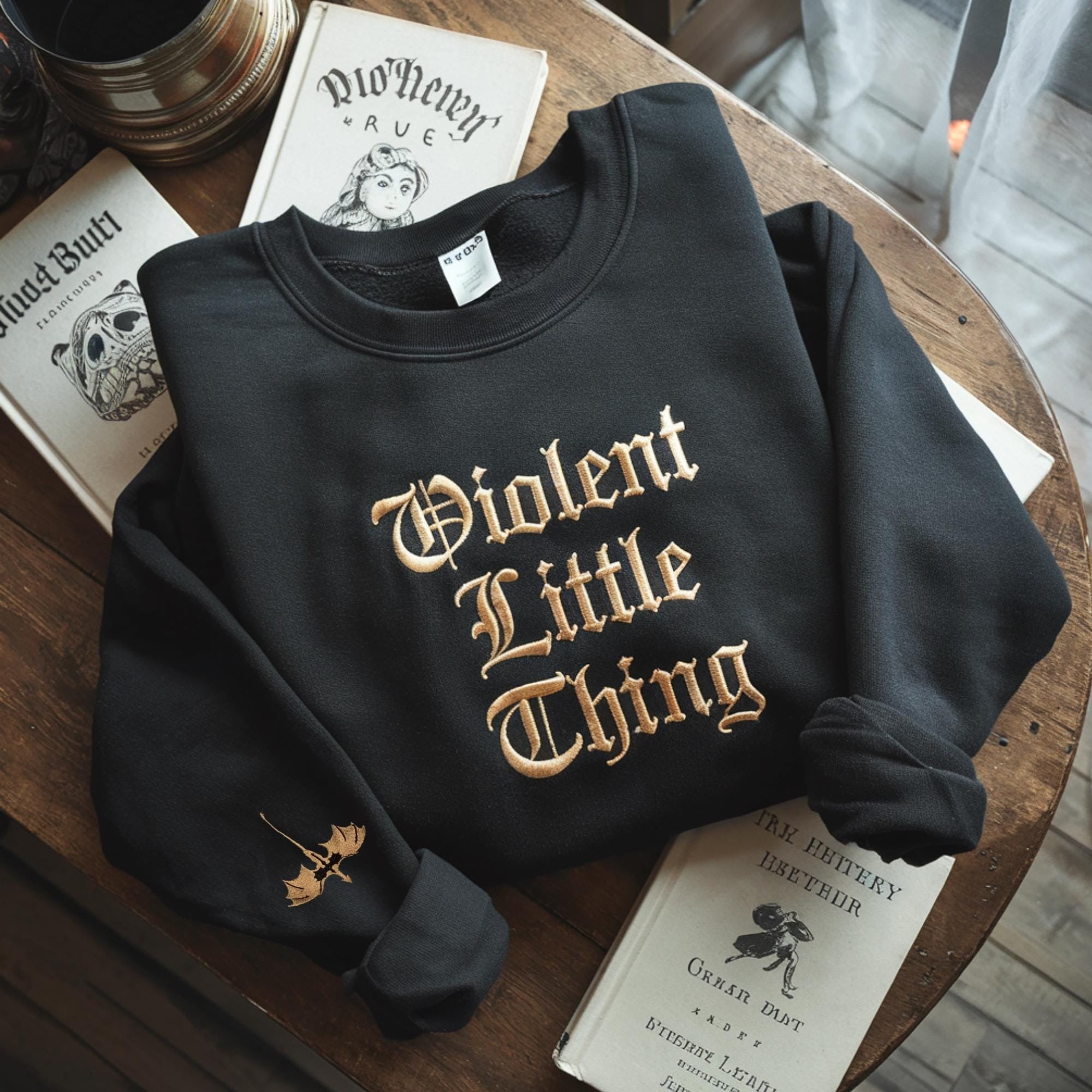 Violent Little Thing Embroidered Sweatshirt, Dragon Crewneck Bookish Sweater Fourth Wing Iron Flame Fan Gift Basgiath Violet, Bookish VEMB29