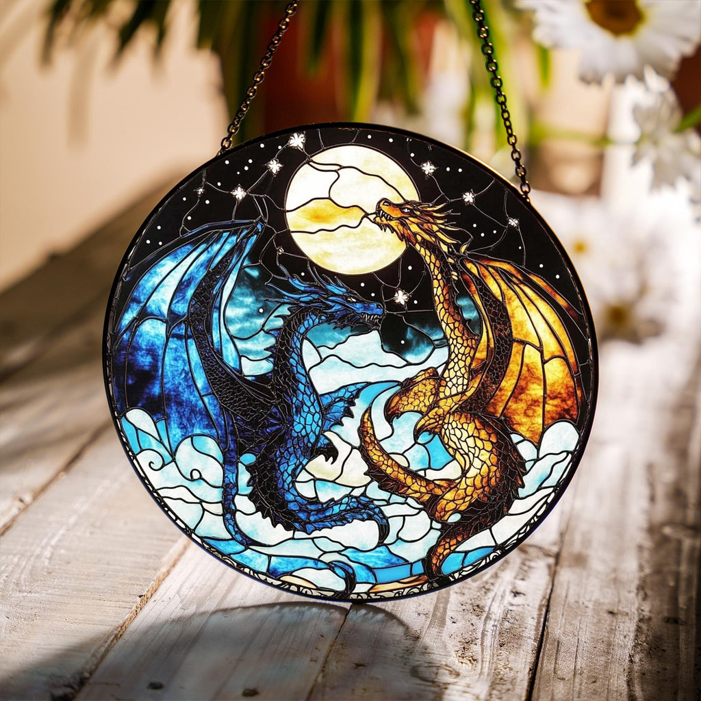 Fourth Wing Dragon Suncatcher Ornament, Tairn & Andarna Ornament for Readers, Book Lover Gifts, Holiday Ornament, Onyx Storm Stained Glass SGVLR24