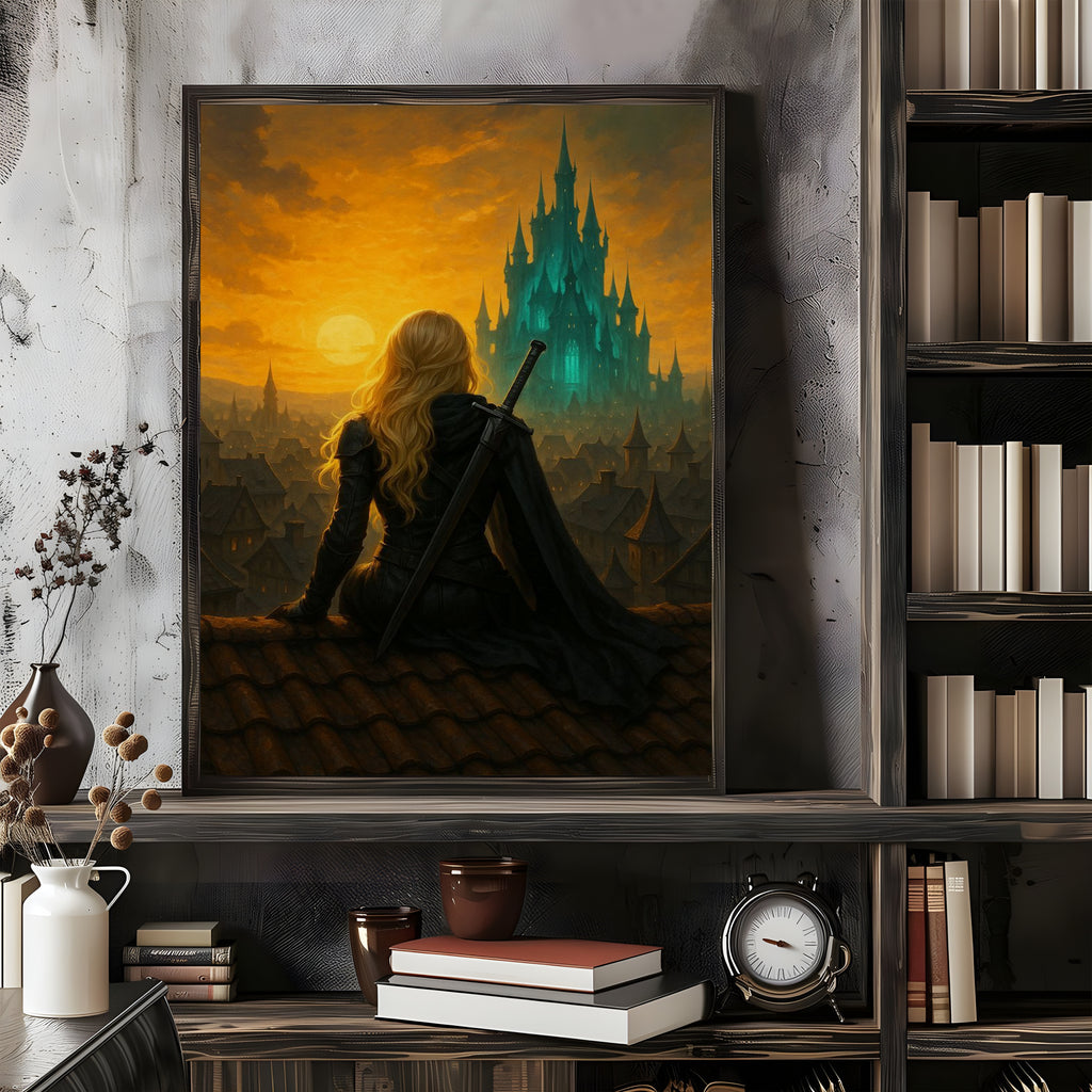 Celaena Sardothien Throne of Glass Wall Art, Fantasy Bookish Poster of Assassin Queen Over Castle, Sarah J Maas Inspired Decor Print VLRP60