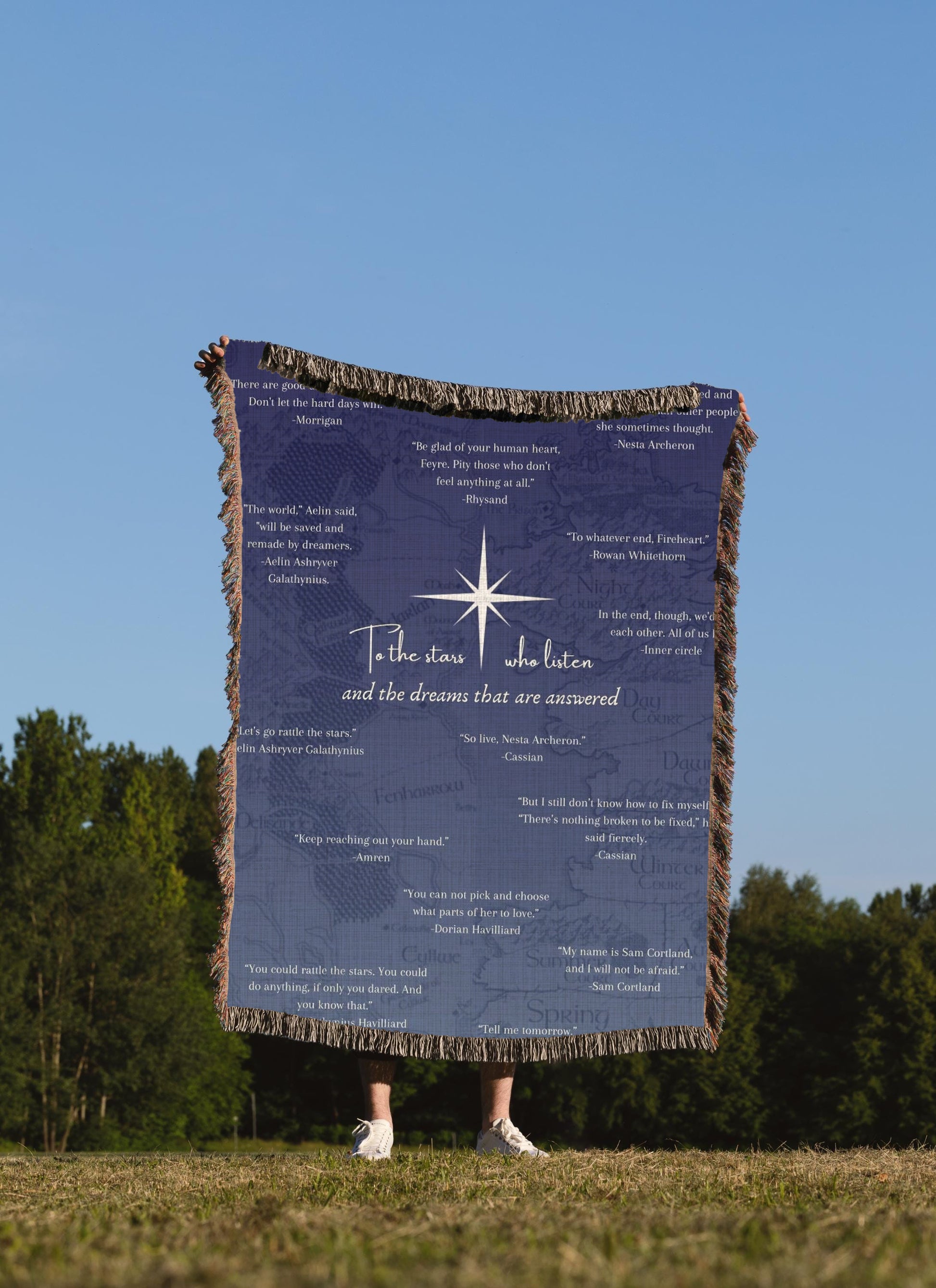 ACOTAR Woven Blanket, To the Stars Who Listen, Bookish Throw Featuring Aelin, Rhysand, Feyre & More, Cozy Gift for Fantasy Readers BKVLR24