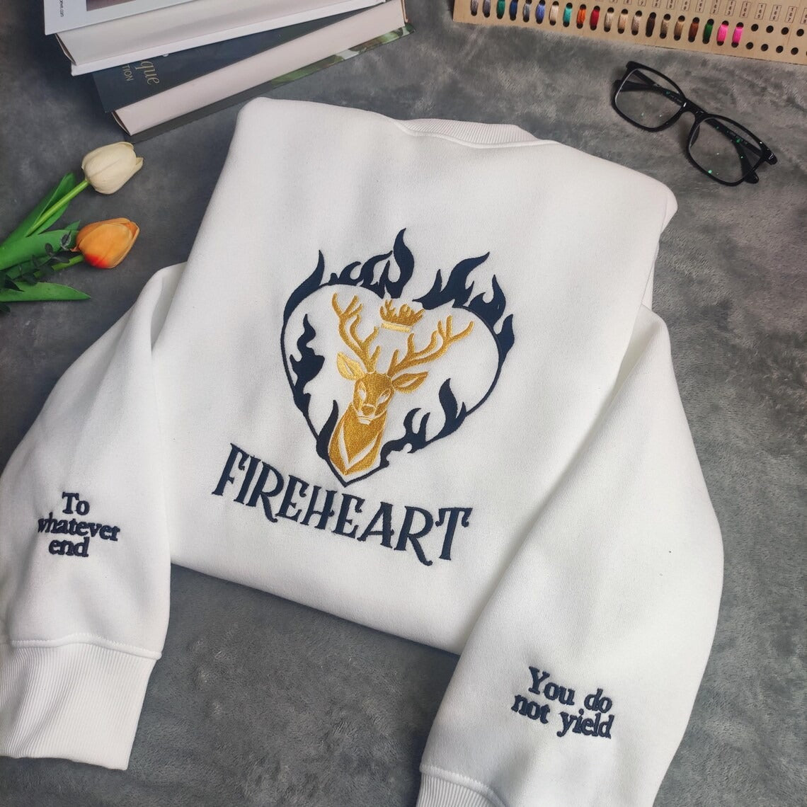 Embroidered Fireheart Sweatshirt, Throne Of Glass Embroidery Sweatshirt, Empire of Storms. VEMB20