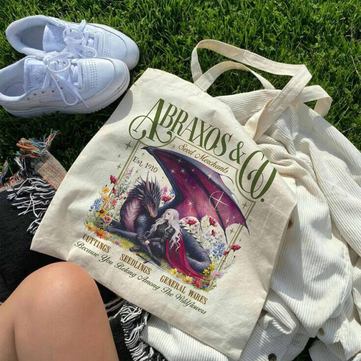 Abraxos Flower Tote Bag, Fantasy Dragon Bookish Tote Bag, Boho Wildflowers Cottagecore Tote Bag, Fantasy Book Lover Tote Bag, Book Gift TBVLR24