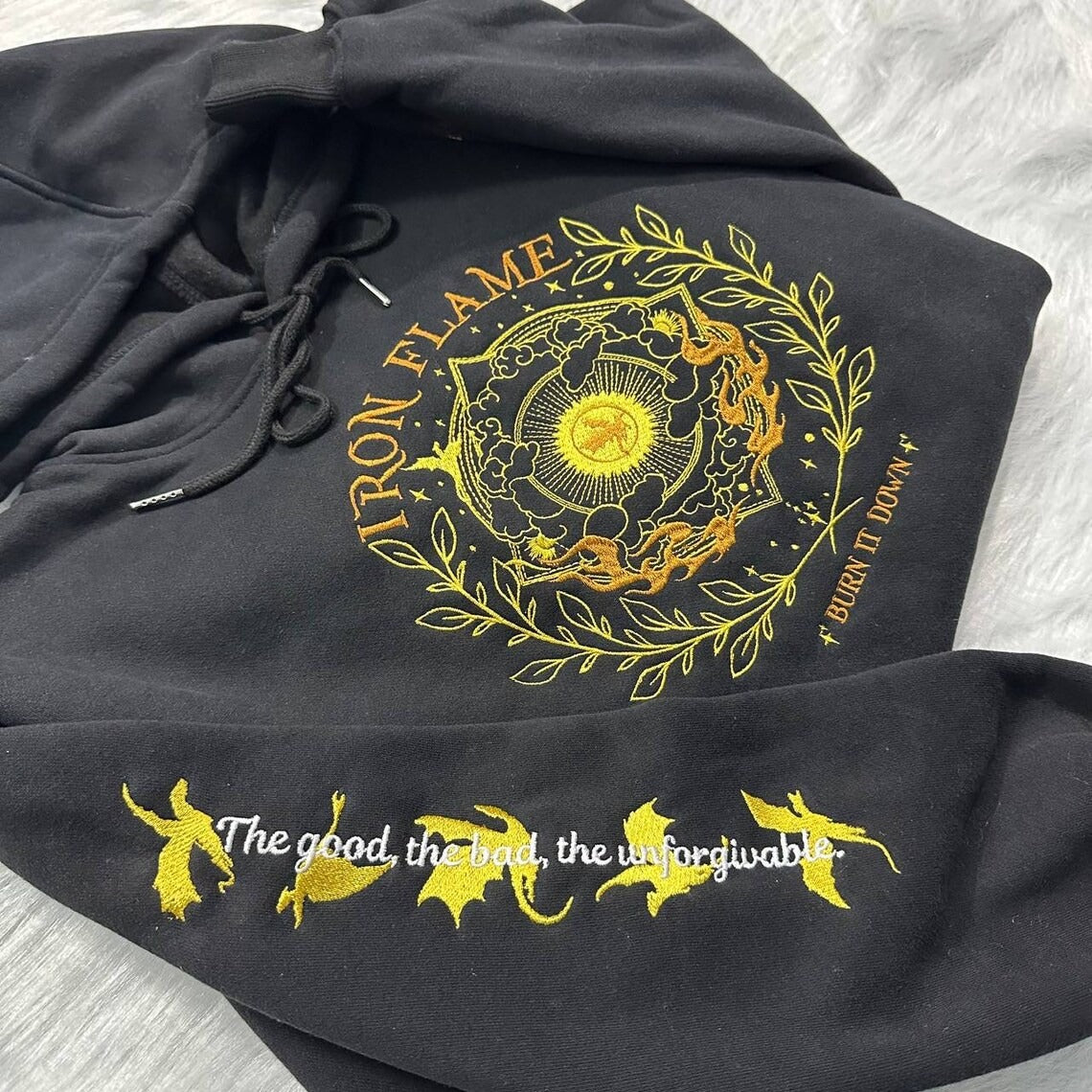 Embroidered Iron Flame Sweatshirt, the Empyrean sweatshirt, Dragon Sweatshirt. VEMB26
